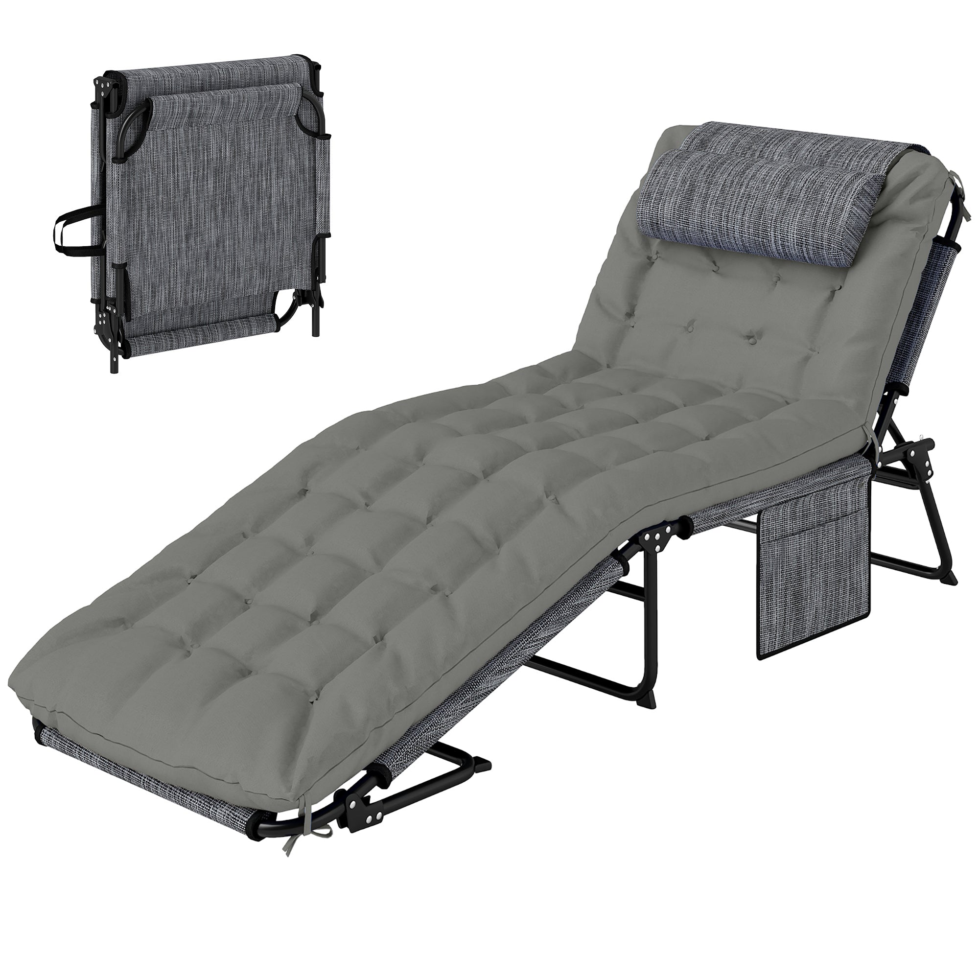 Foldable and Reclining Garden Lounger with Side Pocket, Headrest, and Cushion, Lounger in Mesh Fabric, Polyester and Steel, 68x189x30 cm, Black and Gray