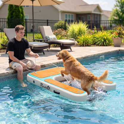 Inflatable Dog Water Ramp — 59.4 x 40.2 x 5.9 in Portable Floating Dock with Non-Slip EVA Surface, Ladder for Pools, Boats & Lakes, Supports Up to 220 lb