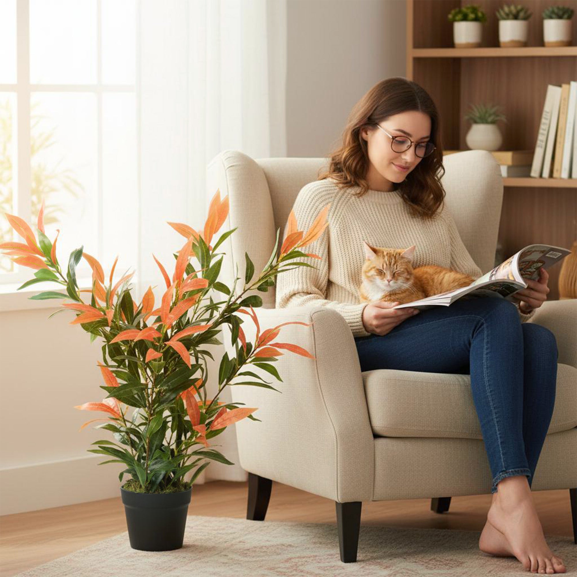 Artificial Photinia 35.4 in (90 cm), 300 Leaves, Realistic-Looking Plastic Plant with Adjustable Branches — Living Room, Bedroom, Office, Garden Décor