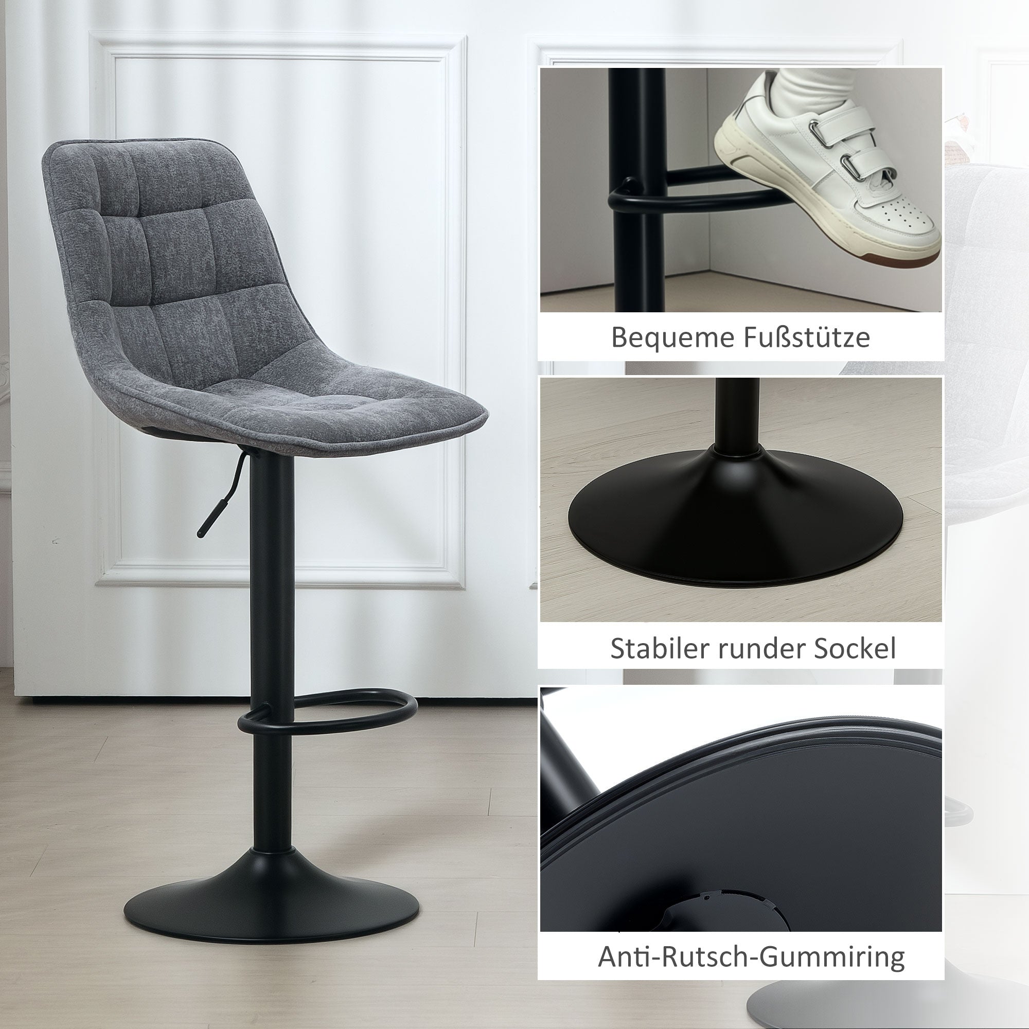 Bar Stool Set of 2, Upholstered Bar Chair with Backrest, Steel Frame, Chenille Look, Height Adjustable Kitchen Chairs with Footrest 360° Swivel Counter Stool for Kitchen, Living Room Dark Gray