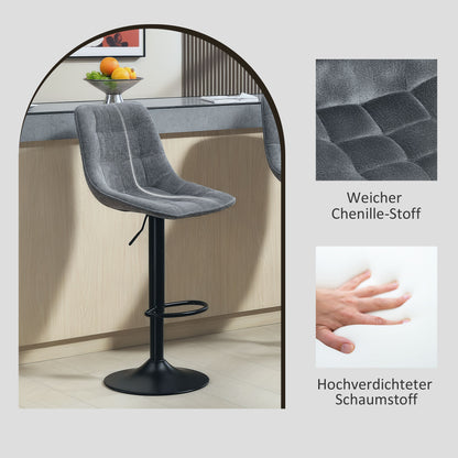 Bar Stool Set of 2, Upholstered Bar Chair with Backrest, Steel Frame, Chenille Look, Height Adjustable Kitchen Chairs with Footrest 360° Swivel Counter Stool for Kitchen, Living Room Dark Gray