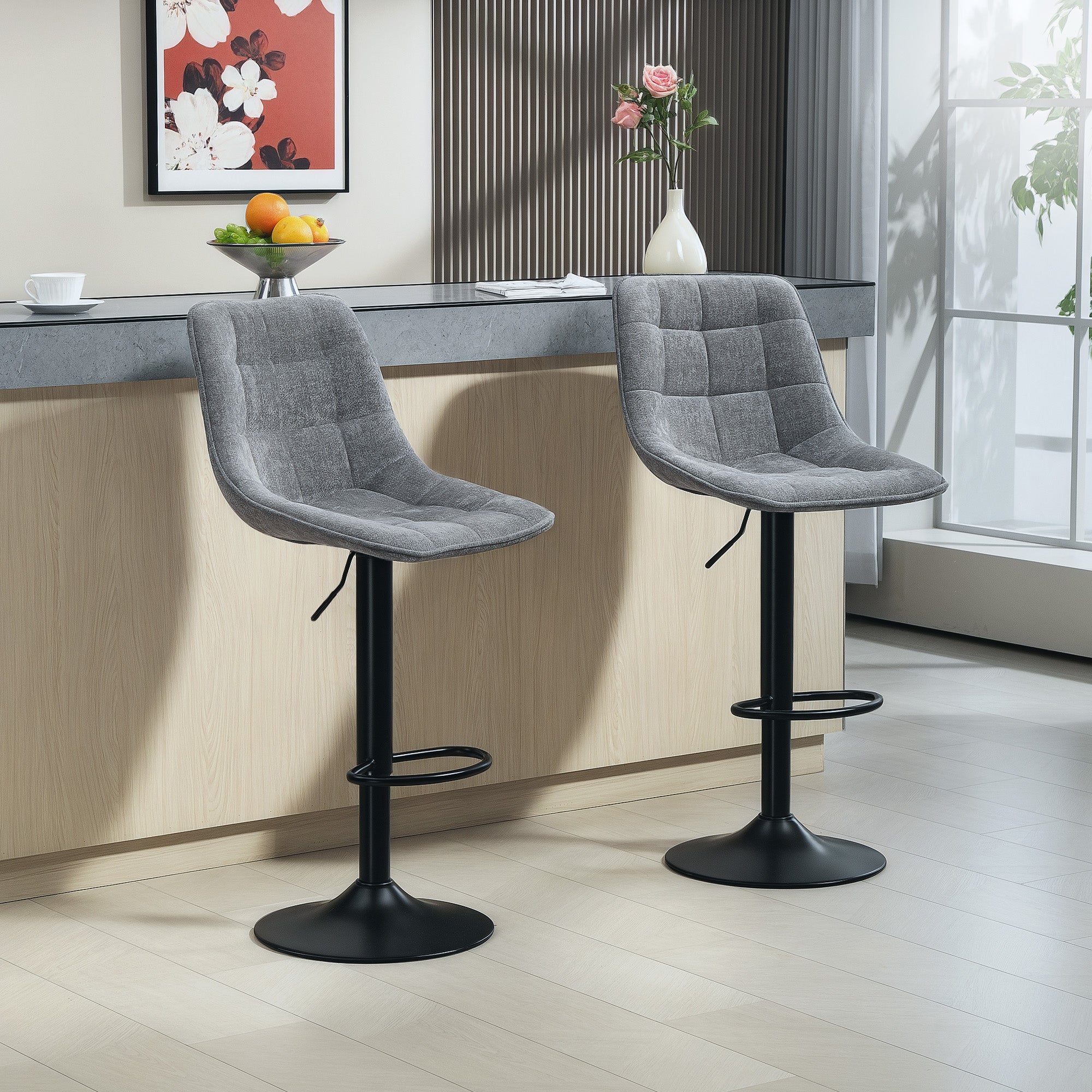 Bar Stool Set of 2, Upholstered Bar Chair with Backrest, Steel Frame, Chenille Look, Height Adjustable Kitchen Chairs with Footrest 360° Swivel Counter Stool for Kitchen, Living Room Dark Gray