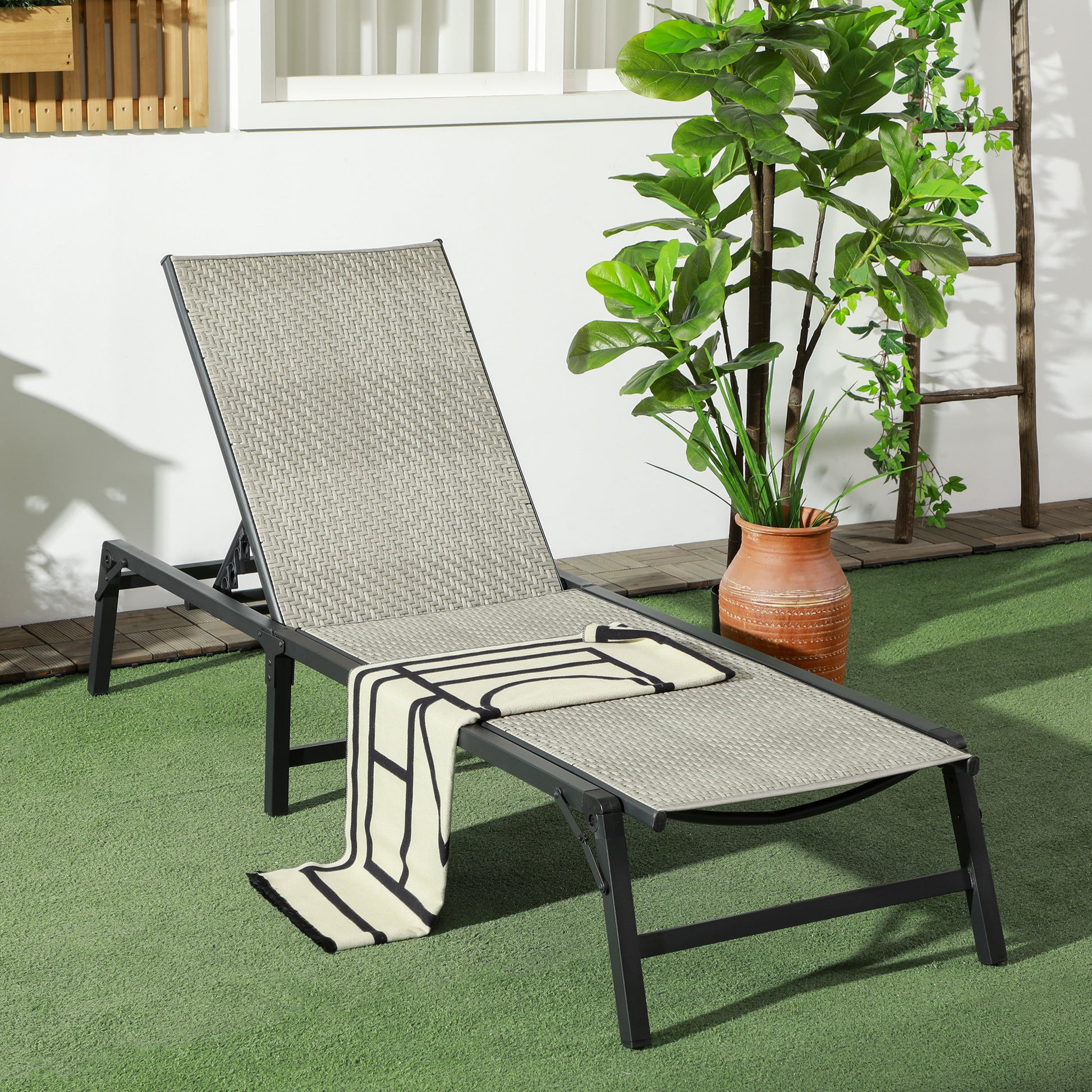 Reclining Folding Rattan Lounger with Adjustable 5-Level Backrest and Steel Frame Load 330 lbs for Patio Terrace Gradient Light Gray
