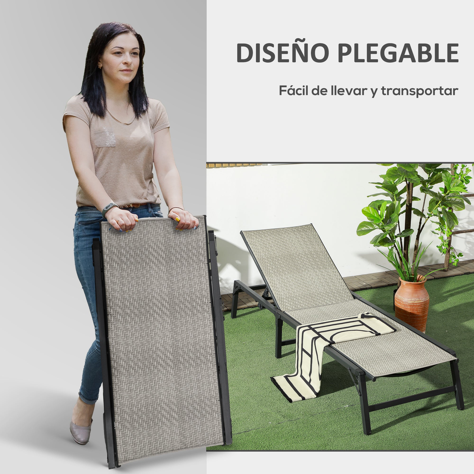 Reclining Folding Rattan Lounger with Adjustable 5-Level Backrest and Steel Frame Load 330 lbs for Patio Terrace Gradient Light Gray