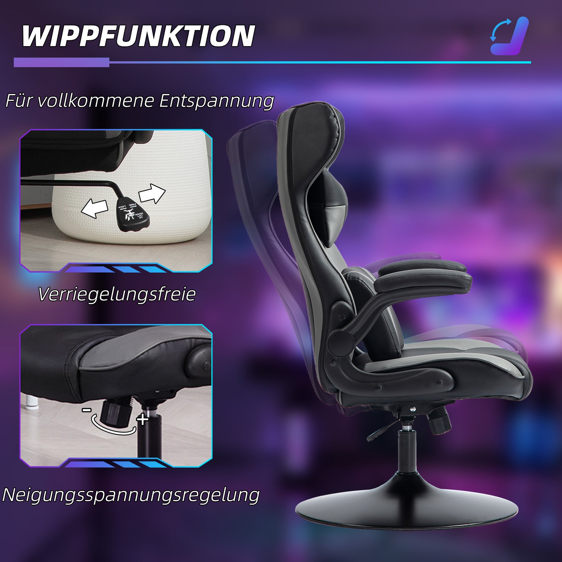 Gaming Chair with Rocking Function, Ergonomic Computer Chair, Height Adjustable Office Chair, Swivel Desk Chair with Head and Lumbar Cushions, Supports up to 120 kg, Black+Gray