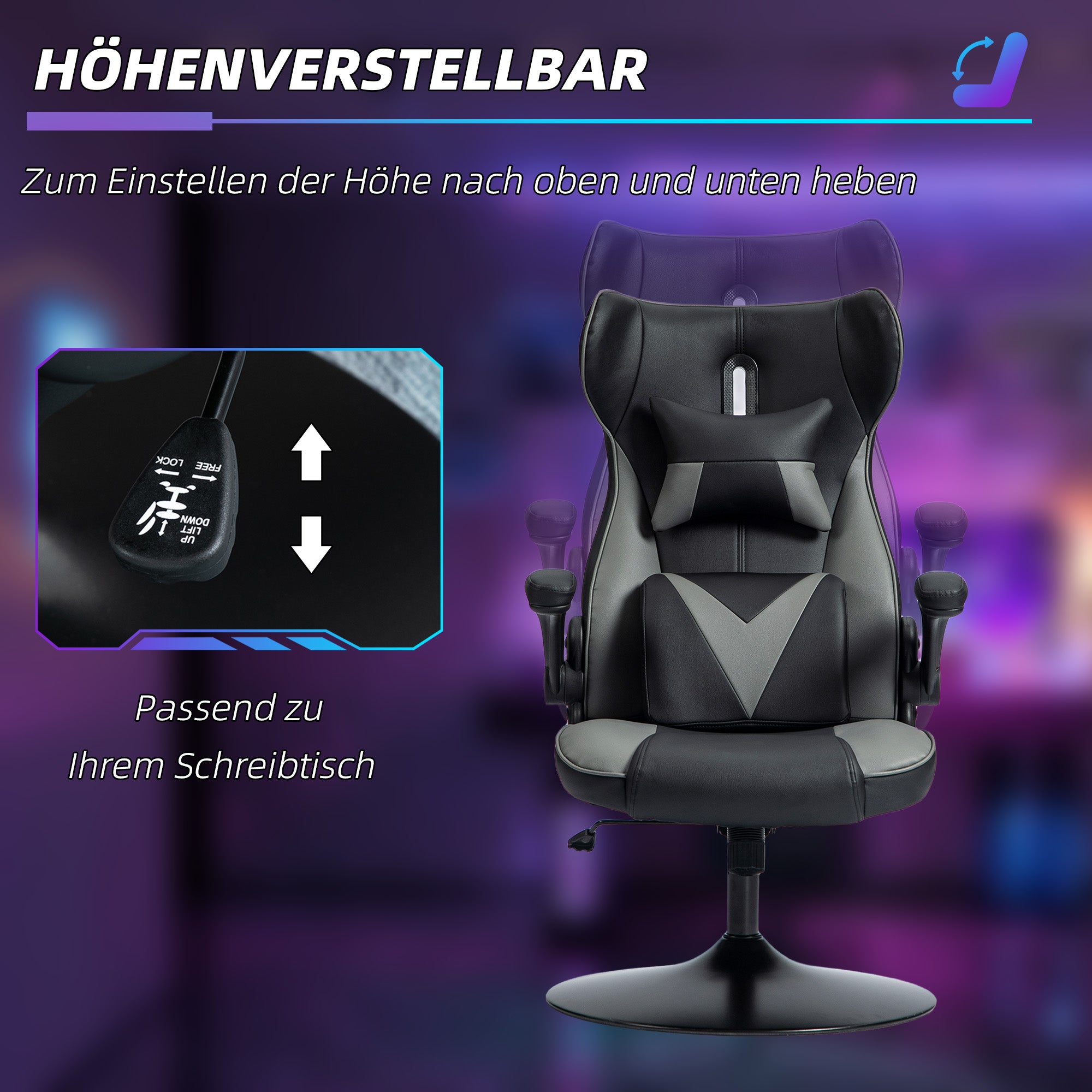 Gaming Chair with Rocking Function, Ergonomic Computer Chair, Height Adjustable Office Chair, Swivel Desk Chair with Head and Lumbar Cushions, Supports up to 120 kg, Black+Gray