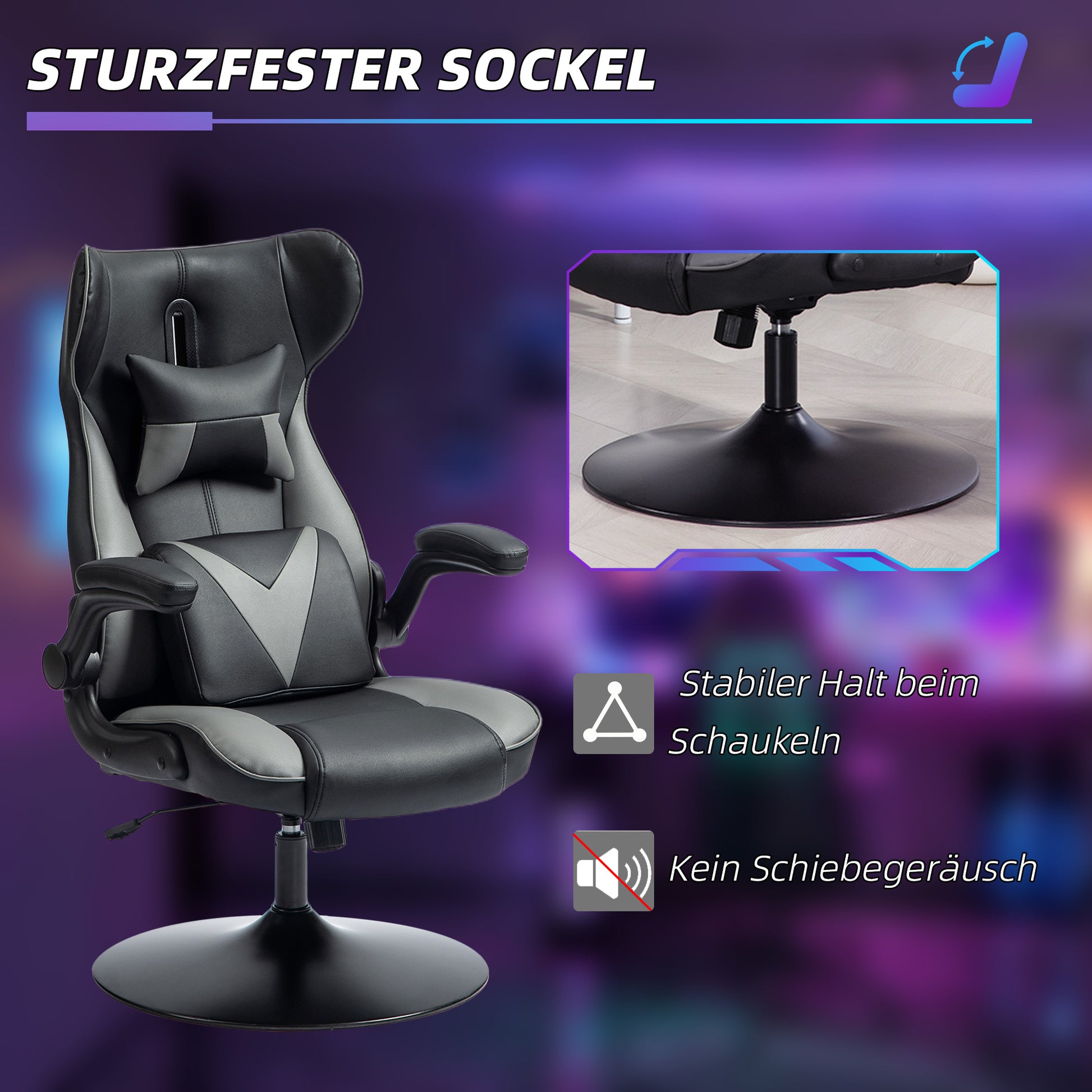 Gaming Chair with Rocking Function, Ergonomic Computer Chair, Height Adjustable Office Chair, Swivel Desk Chair with Head and Lumbar Cushions, Supports up to 120 kg, Black+Gray