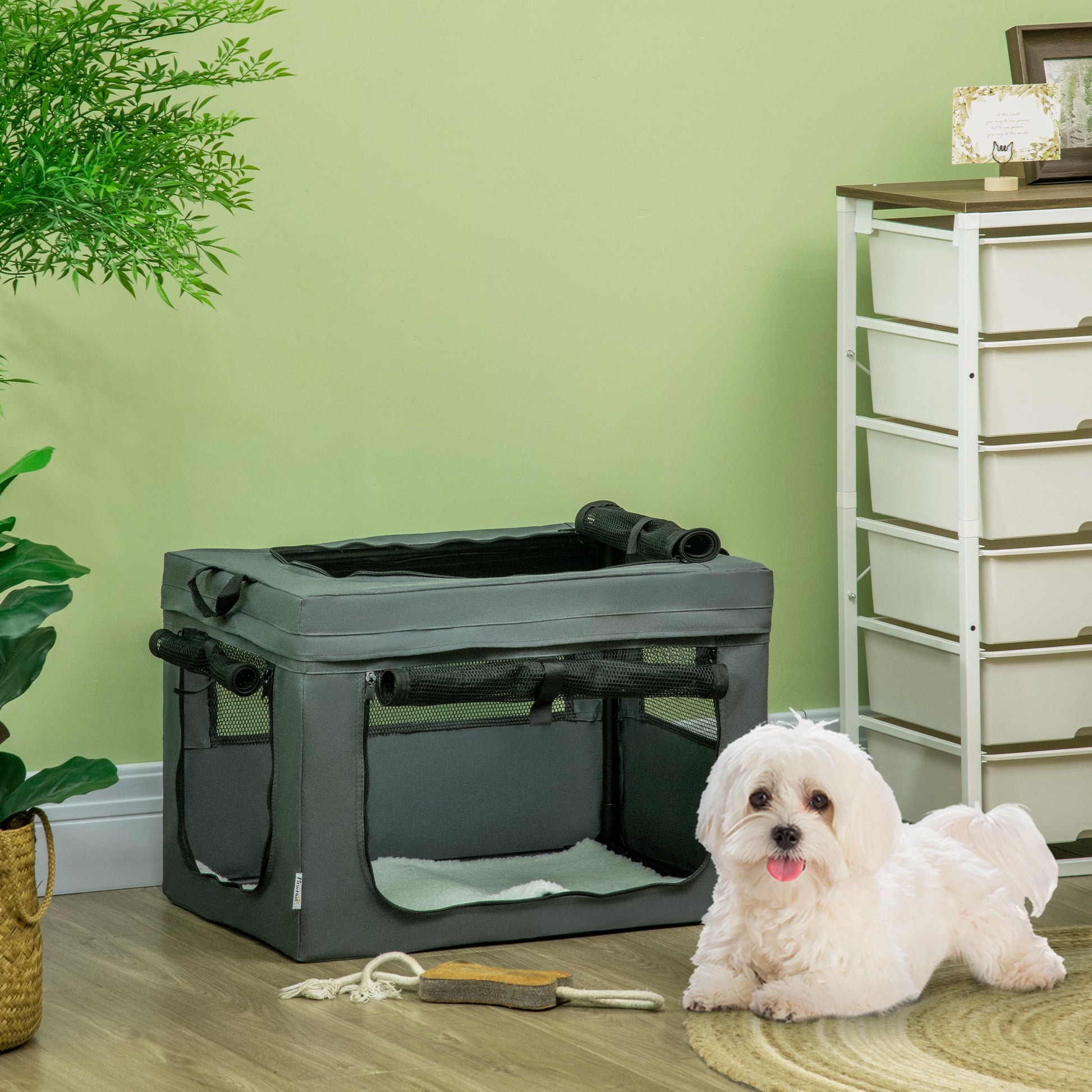 Dog Bag Pet Crate with Mesh Window, Cat Transport Crate with Cushion, Transport Box, Travel Bag for Dogs up to 4 kg, Oxford, Gray, 60 x 42 x 42 cm