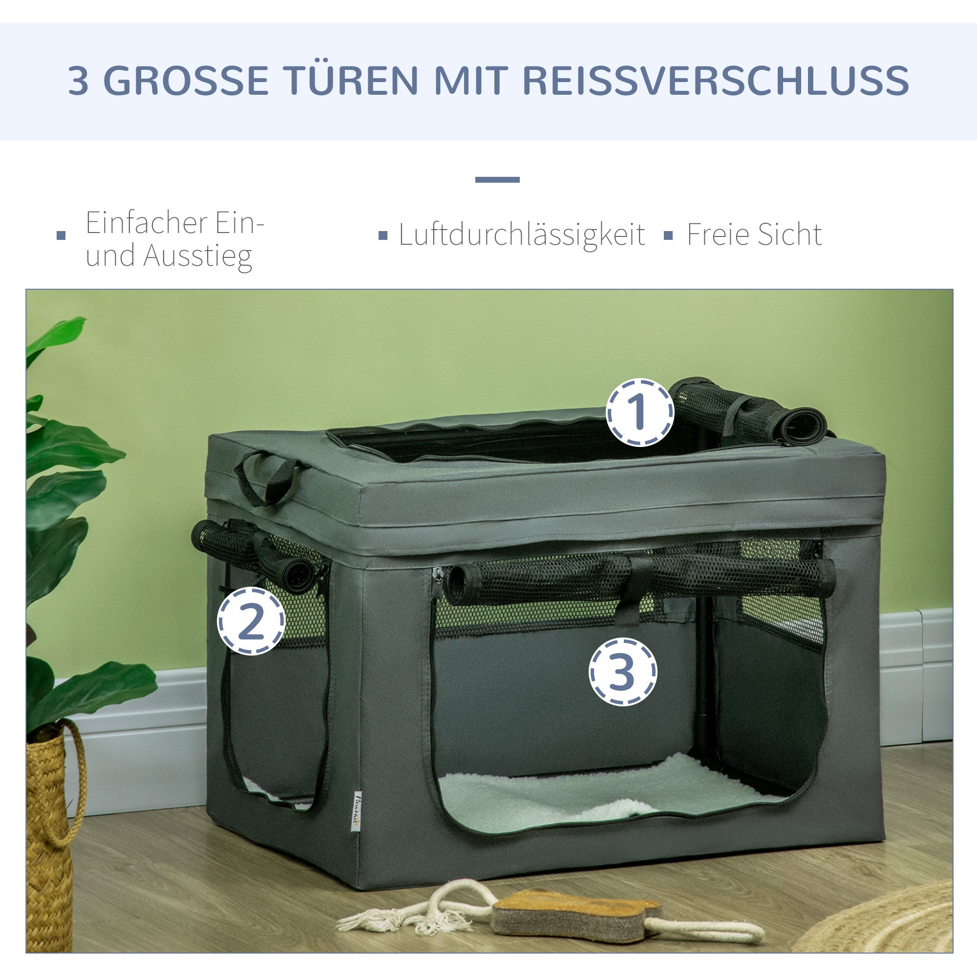 Dog Bag Pet Crate with Mesh Window, Cat Transport Crate with Cushion, Transport Box, Travel Bag for Dogs up to 4 kg, Oxford, Gray, 60 x 42 x 42 cm