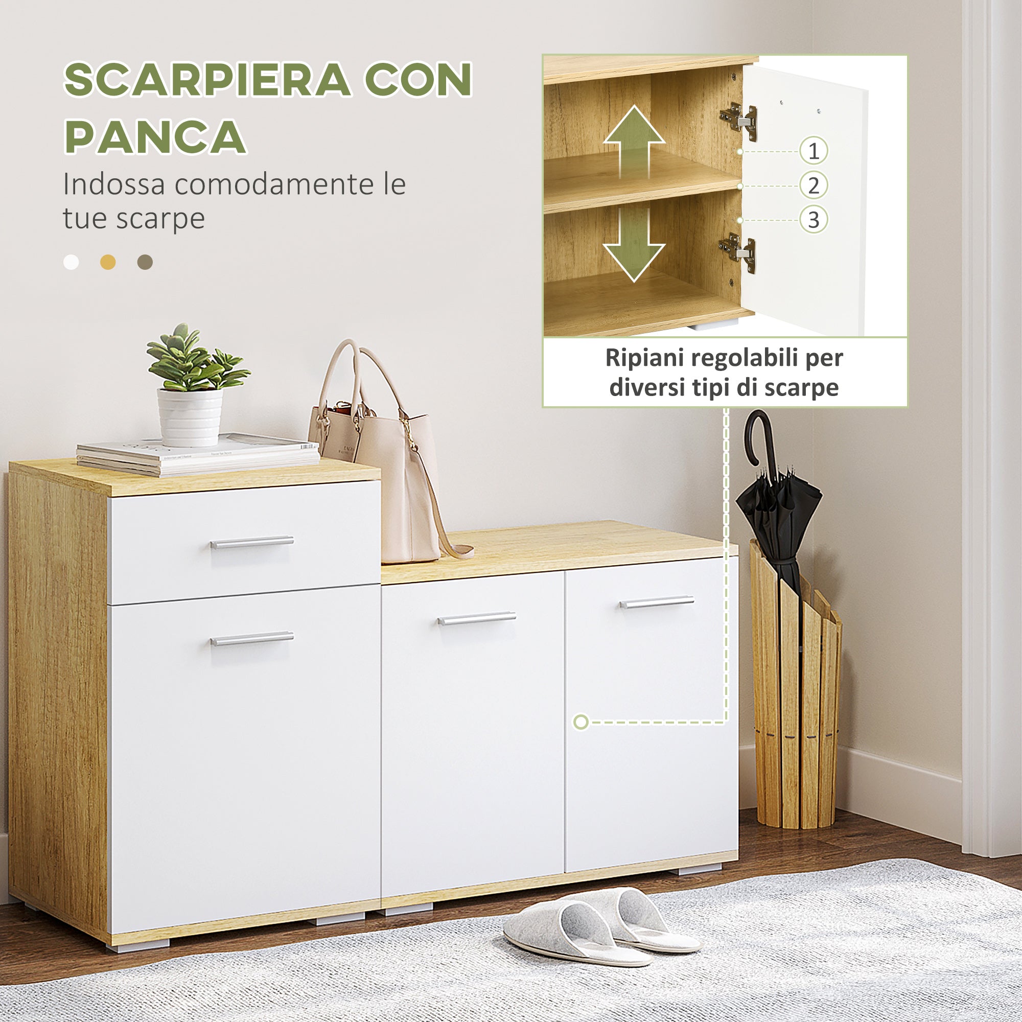 3-in-1 Entrance Set with Wall Coat Rack, Mirror, and Shoe Cabinet with Bench in Wood Color and White