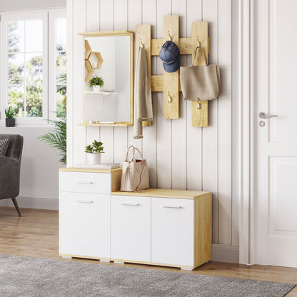 3-in-1 Entrance Set with Wall Coat Rack, Mirror, and Shoe Cabinet with Bench in Wood Color and White