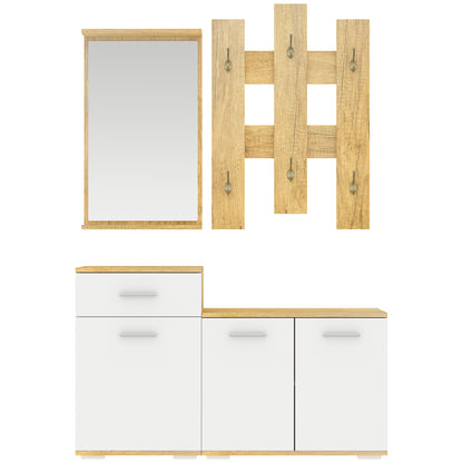 3-in-1 Entrance Set with Wall Coat Rack, Mirror, and Shoe Cabinet with Bench in Wood Color and White