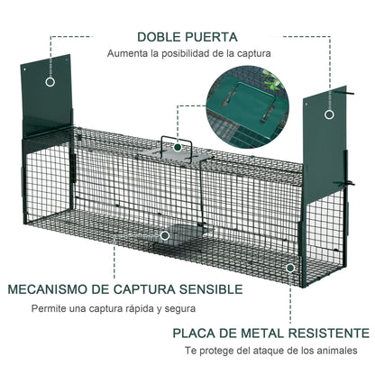 Metal Live Animal Trap Cage with 2 Doors Handle for Rabbits Minks Small Foxes 100x25x28 cm Dark Green