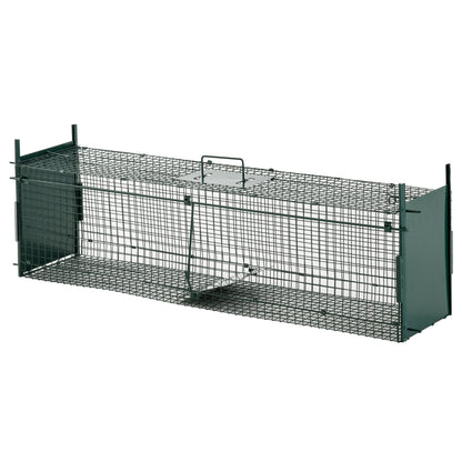 Metal Live Animal Trap Cage with 2 Doors Handle for Rabbits Minks Small Foxes 100x25x28 cm Dark Green