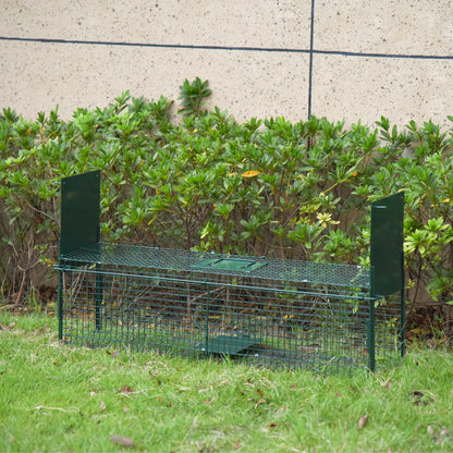 Metal Live Animal Trap Cage with 2 Doors Handle for Rabbits Minks Small Foxes 100x25x28 cm Dark Green