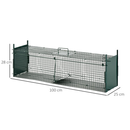 Metal Live Animal Trap Cage with 2 Doors Handle for Rabbits Minks Small Foxes 100x25x28 cm Dark Green