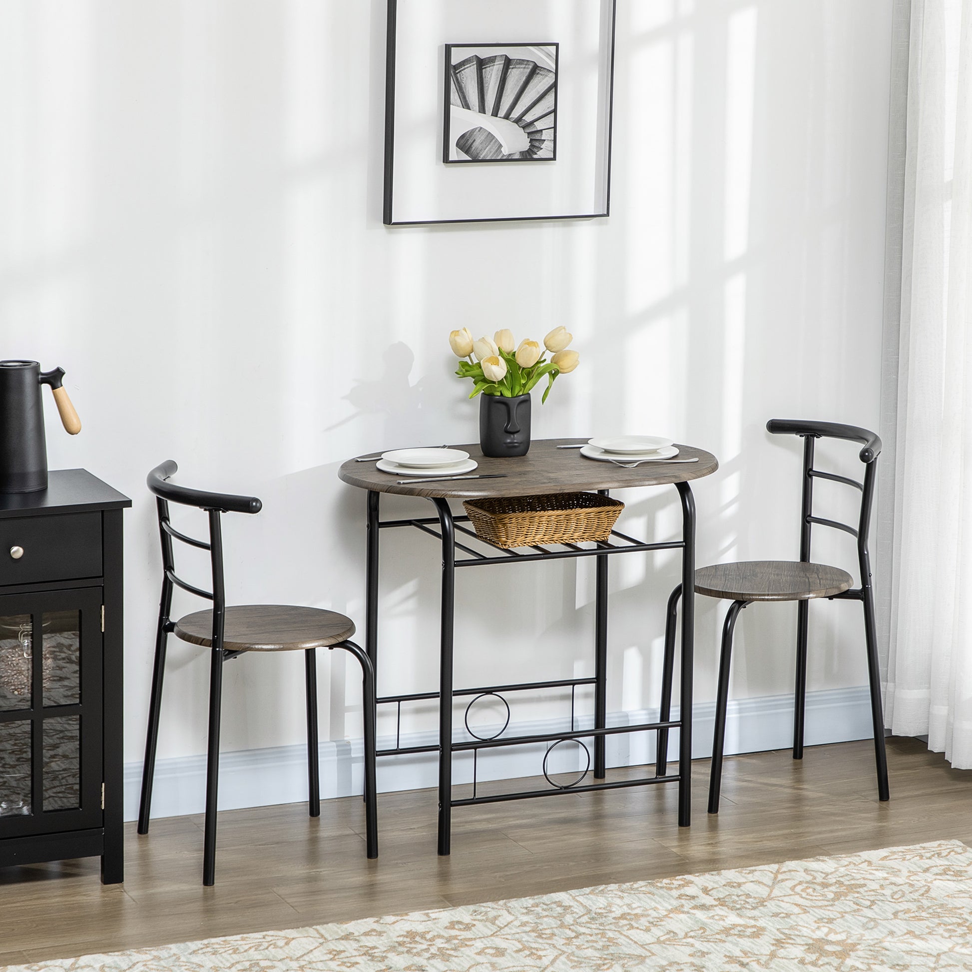 Dining Set, Dining Table with 2 Chairs, Dining Group for 2 Persons, Oval Kitchen Table with Storage Shelf, Kitchen Table Set, Table Group for Kitchen, Metal, Black