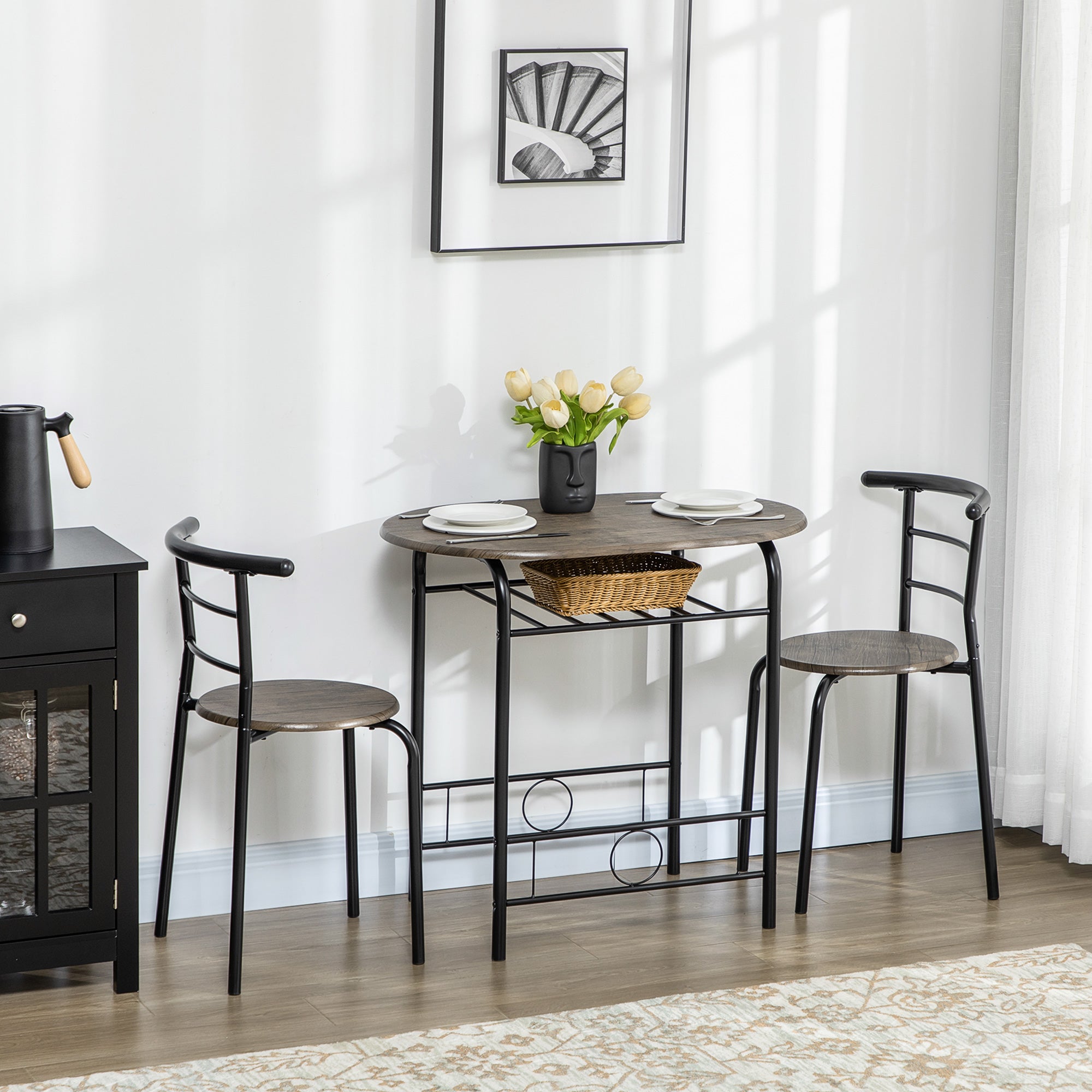Dining Set, Dining Table with 2 Chairs, Dining Group for 2 Persons, Oval Kitchen Table with Storage Shelf, Kitchen Table Set, Table Group for Kitchen, Metal, Black