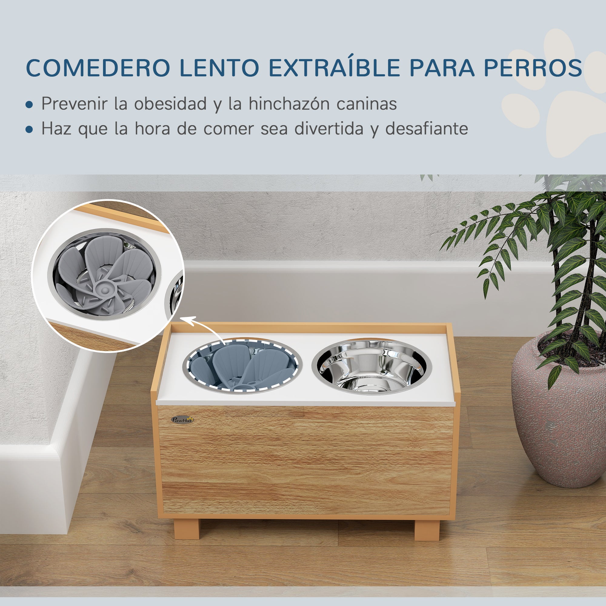 Elevated Dog Feeder with Removable Slow Feeder and Storage Space Bowls for Large Dogs with 2x2 L Stainless Steel Feeder and Drinker Oak