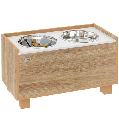 Elevated Dog Feeder with Removable Slow Feeder and Storage Space Bowls for Large Dogs with 2x2 L Stainless Steel Feeder and Drinker Oak