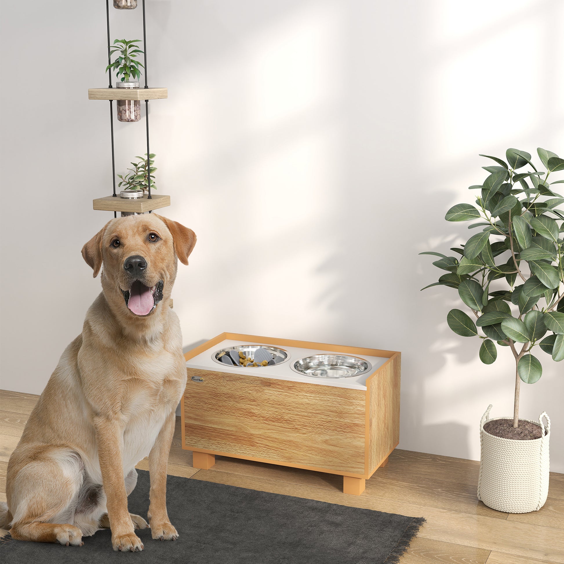 Elevated Dog Feeder with Removable Slow Feeder and Storage Space Bowls for Large Dogs with 2x2 L Stainless Steel Feeder and Drinker Oak