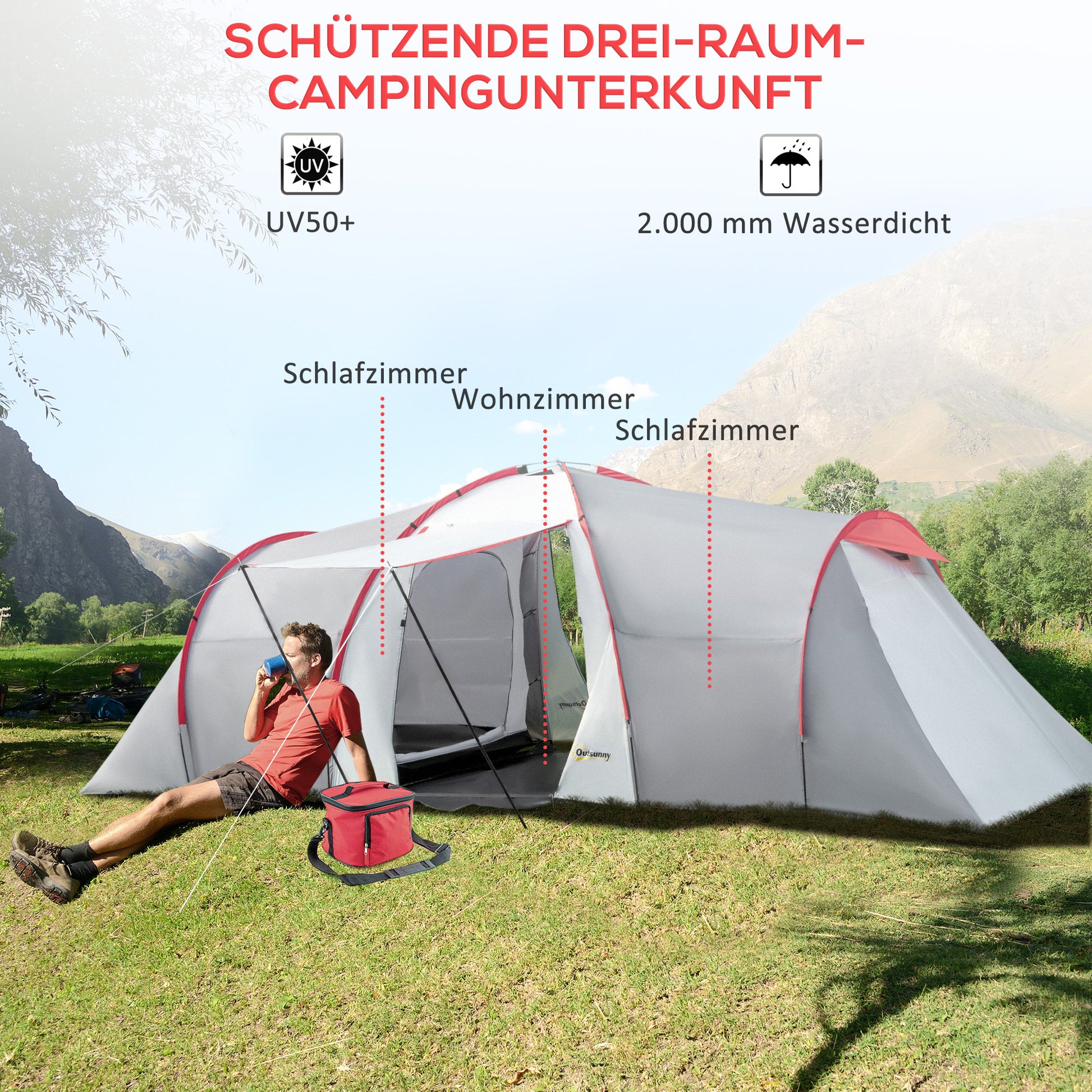Camping Tent, Tunnel Tent for 6 Persons with 2 Bedrooms, Living Room, Apsis, Windproof UV50+ Family Tent with Carrying Bag, 2000mm Water Resistant for Camping, Garden, Gray