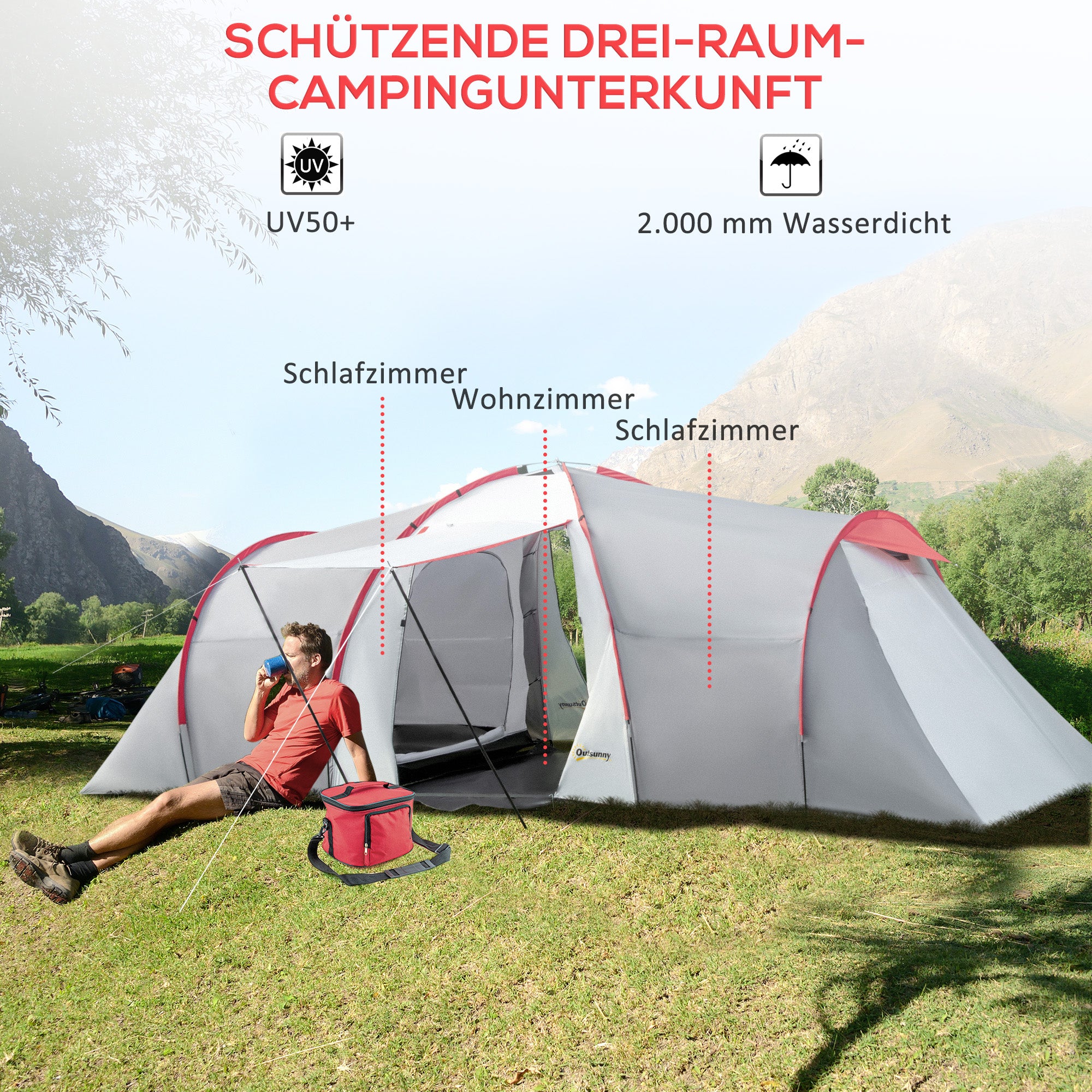 Camping Tent, Tunnel Tent for 6 Persons with 2 Bedrooms, Living Room, Apsis, Windproof UV50+ Family Tent with Carrying Bag, 2000mm Water Resistant for Camping, Garden, Gray