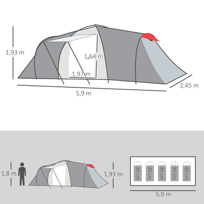 Camping Tent, Tunnel Tent for 6 Persons with 2 Bedrooms, Living Room, Apsis, Windproof UV50+ Family Tent with Carrying Bag, 2000mm Water Resistant for Camping, Garden, Gray