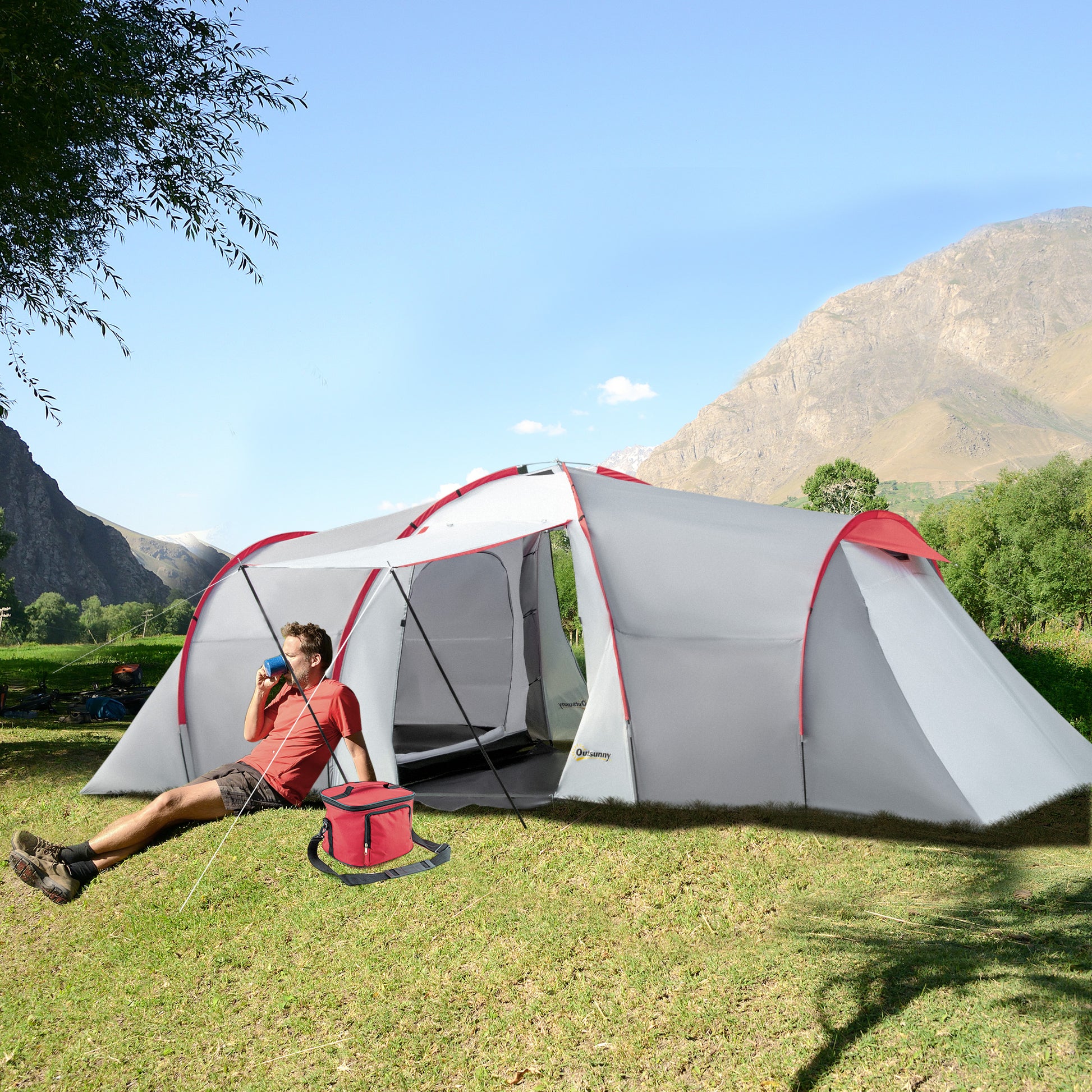 Camping Tent, Tunnel Tent for 6 Persons with 2 Bedrooms, Living Room, Apsis, Windproof UV50+ Family Tent with Carrying Bag, 2000mm Water Resistant for Camping, Garden, Gray