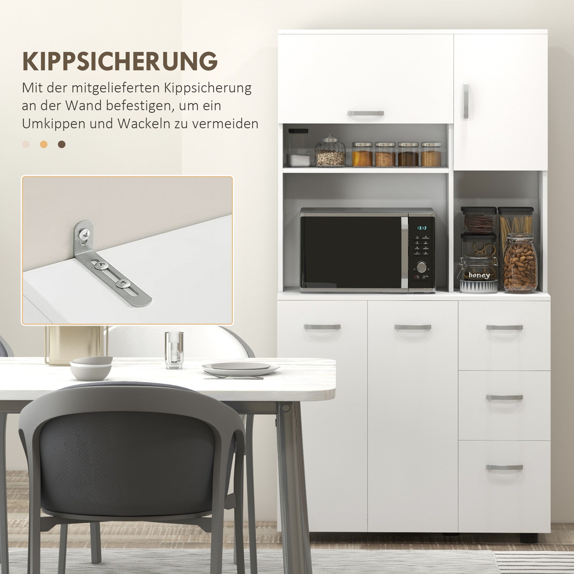 Kitchen Cabinet Tall Cabinet with 3 Open Compartments, 4 Doors, and 3 Drawers Sideboard Display Cabinet Microwave Cabinet with Adjustable Shelves, White, 89 x 39.5 x 168 cm