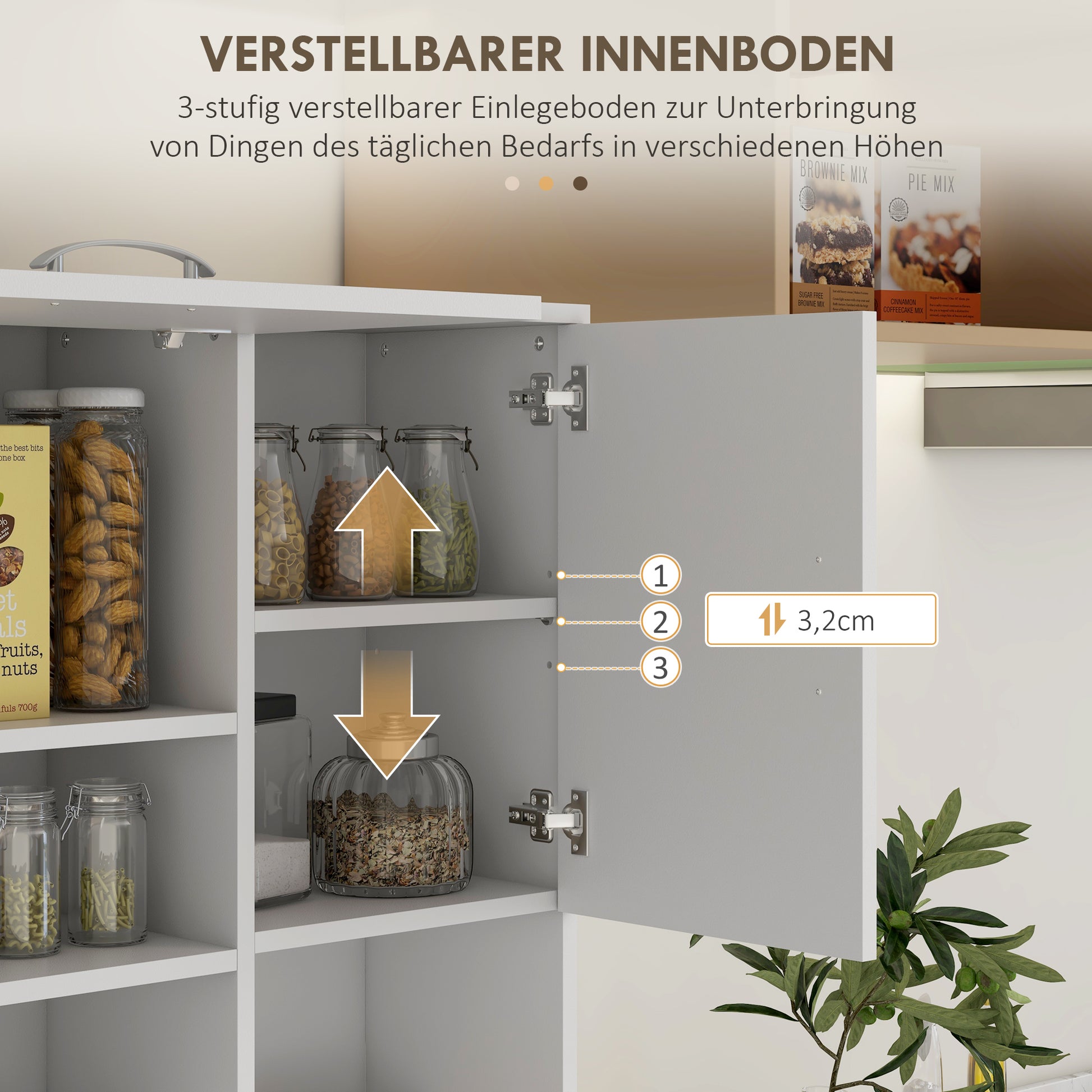 Kitchen Cabinet Tall Cabinet with 3 Open Compartments, 4 Doors, and 3 Drawers Sideboard Display Cabinet Microwave Cabinet with Adjustable Shelves, White, 89 x 39.5 x 168 cm