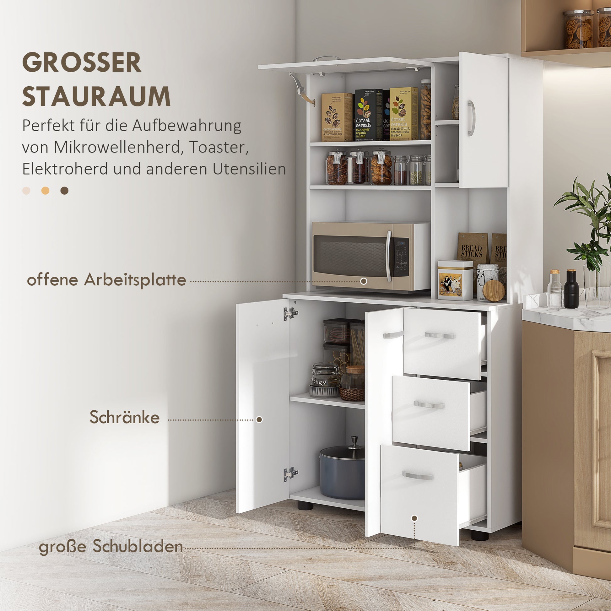 Kitchen Cabinet Tall Cabinet with 3 Open Compartments, 4 Doors, and 3 Drawers Sideboard Display Cabinet Microwave Cabinet with Adjustable Shelves, White, 89 x 39.5 x 168 cm