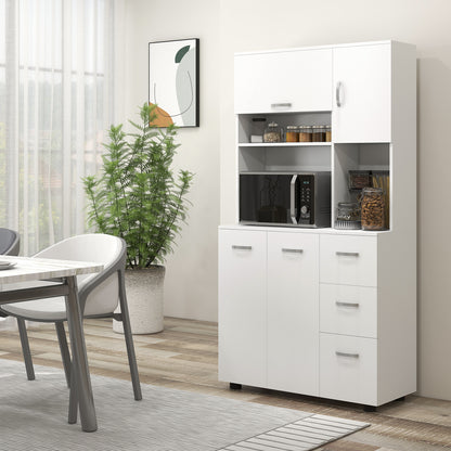 Kitchen Cabinet Tall Cabinet with 3 Open Compartments, 4 Doors, and 3 Drawers Sideboard Display Cabinet Microwave Cabinet with Adjustable Shelves, White, 89 x 39.5 x 168 cm