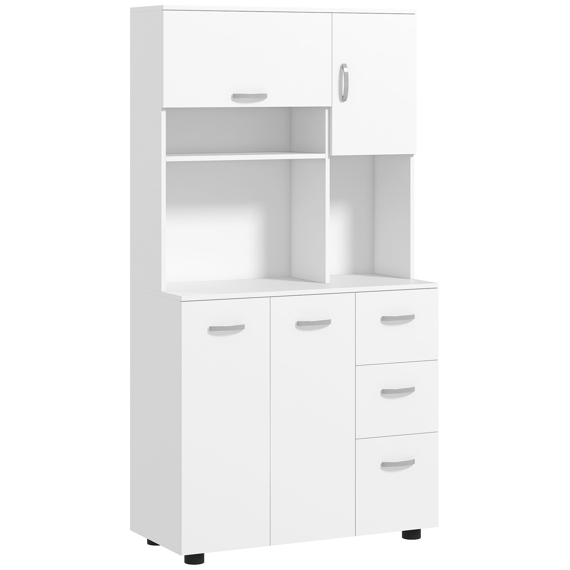Kitchen Cabinet Tall Cabinet with 3 Open Compartments, 4 Doors, and 3 Drawers Sideboard Display Cabinet Microwave Cabinet with Adjustable Shelves, White, 89 x 39.5 x 168 cm