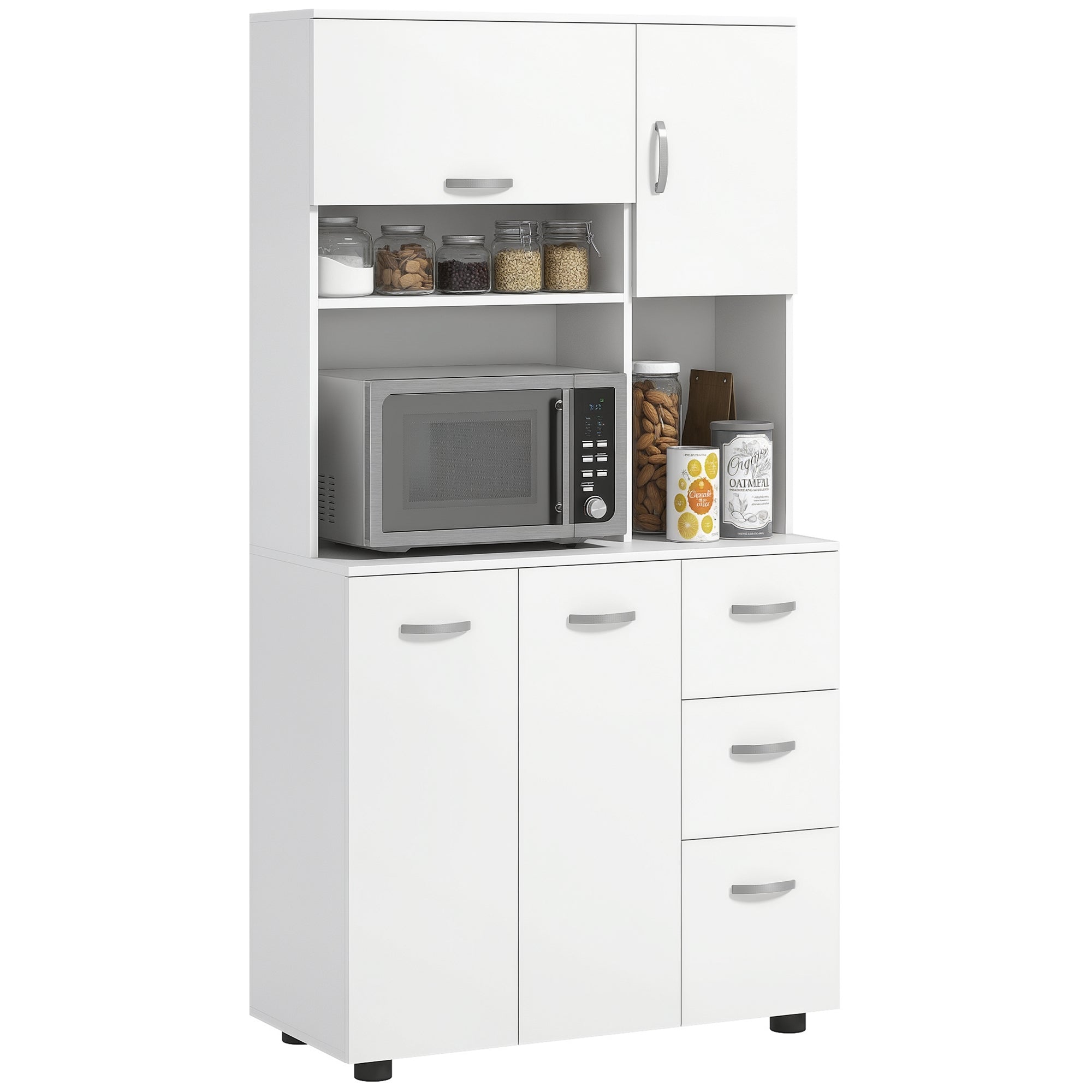 Kitchen Cabinet Tall Cabinet with 3 Open Compartments, 4 Doors, and 3 Drawers Sideboard Display Cabinet Microwave Cabinet with Adjustable Shelves, White, 89 x 39.5 x 168 cm