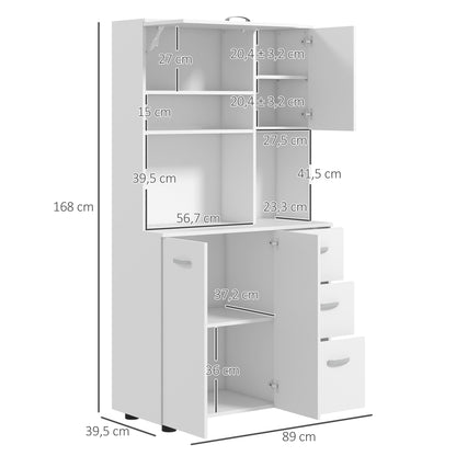 Kitchen Cabinet Tall Cabinet with 3 Open Compartments, 4 Doors, and 3 Drawers Sideboard Display Cabinet Microwave Cabinet with Adjustable Shelves, White, 89 x 39.5 x 168 cm