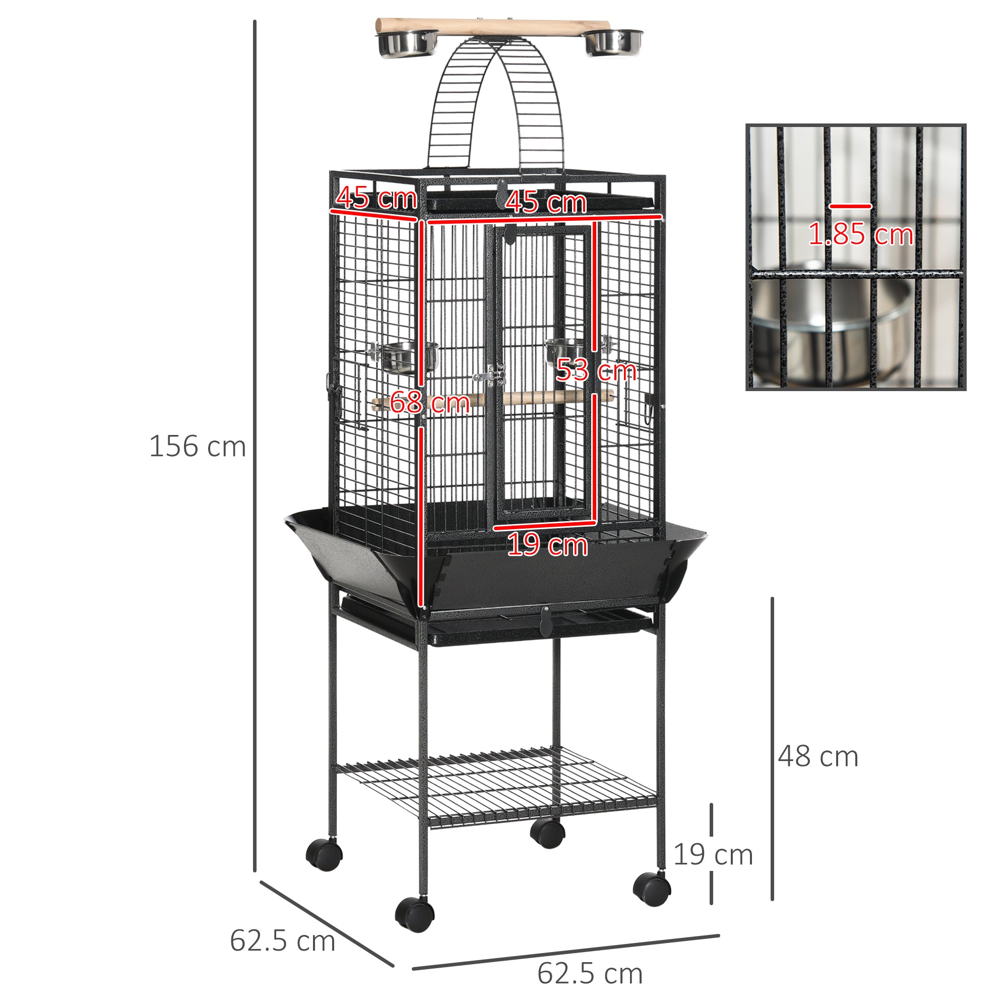 Bird Cage with Wheels, Perches, Feeders, Shelf, Arched Bridge, and Removable Trays Birdcage for Cockatoos, Budgies, Lovebirds, Parrots 62.5x62.5x156 cm Gray