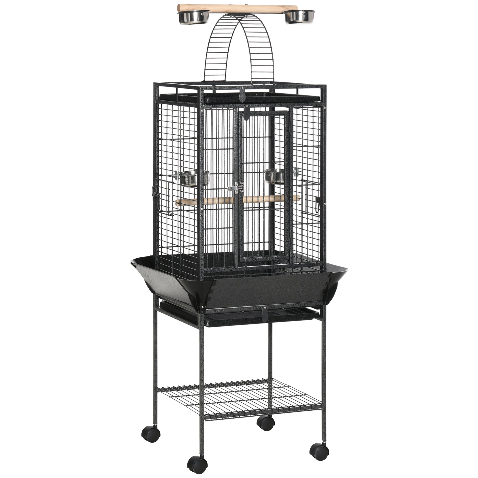 Bird Cage with Wheels, Perches, Feeders, Shelf, Arched Bridge, and Removable Trays Birdcage for Cockatoos, Budgies, Lovebirds, Parrots 62.5x62.5x156 cm Gray