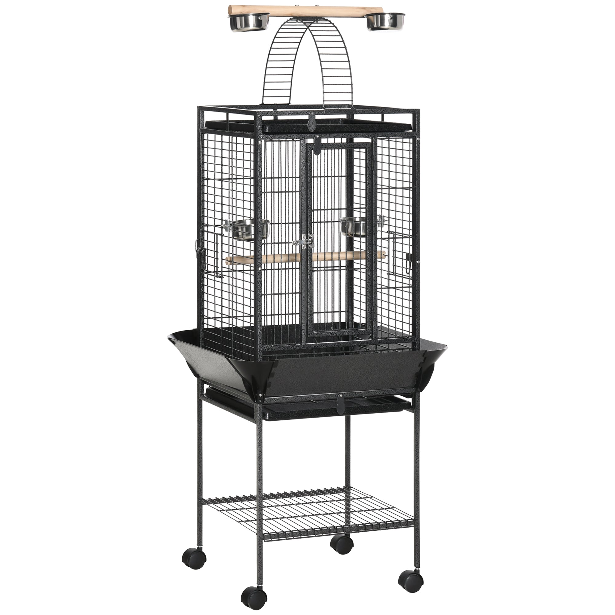 Bird Cage with Wheels, Perches, Feeders, Shelf, Arched Bridge, and Removable Trays Birdcage for Cockatoos, Budgies, Lovebirds, Parrots 62.5x62.5x156 cm Gray