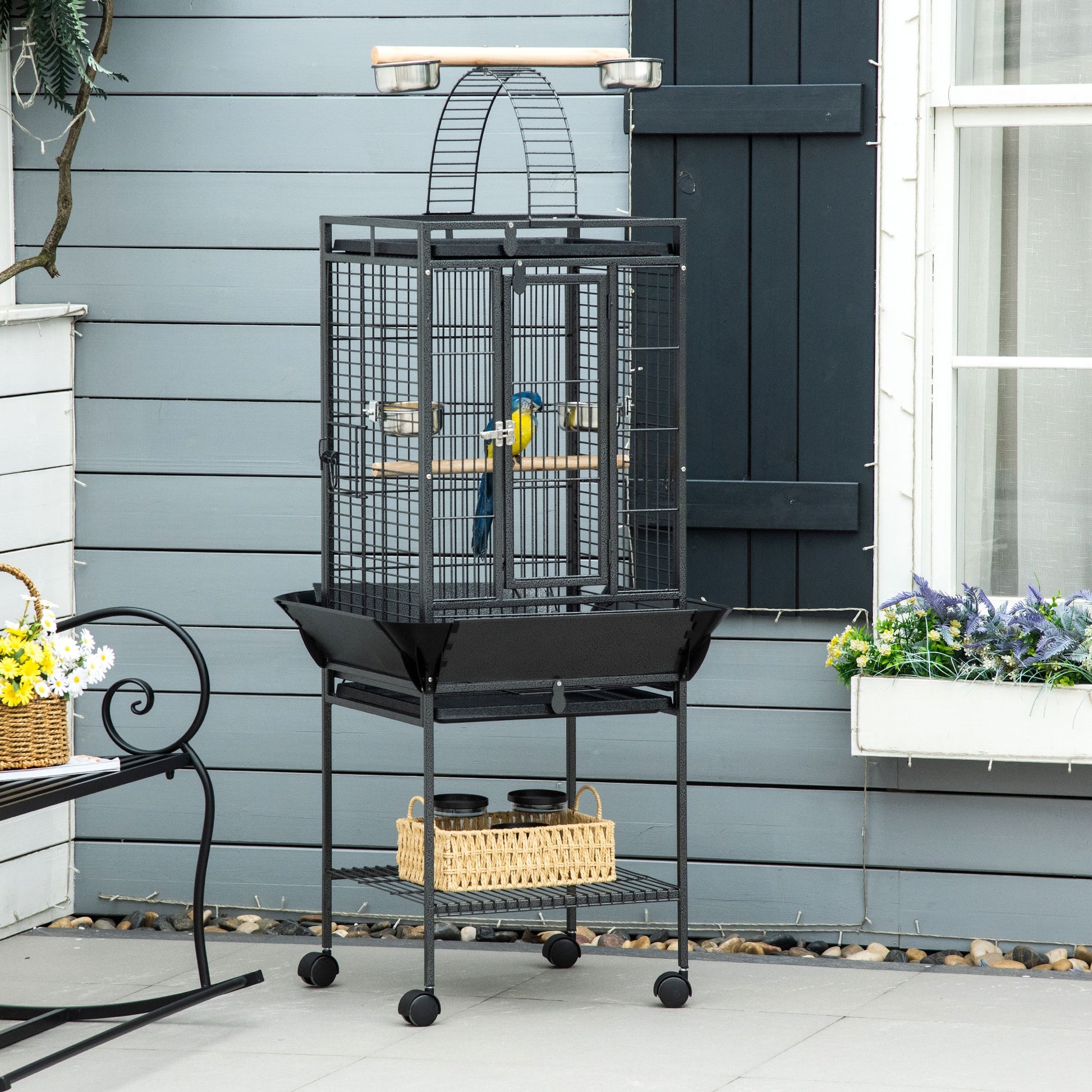 Bird Cage with Wheels, Perches, Feeders, Shelf, Arched Bridge, and Removable Trays Birdcage for Cockatoos, Budgies, Lovebirds, Parrots 62.5x62.5x156 cm Gray