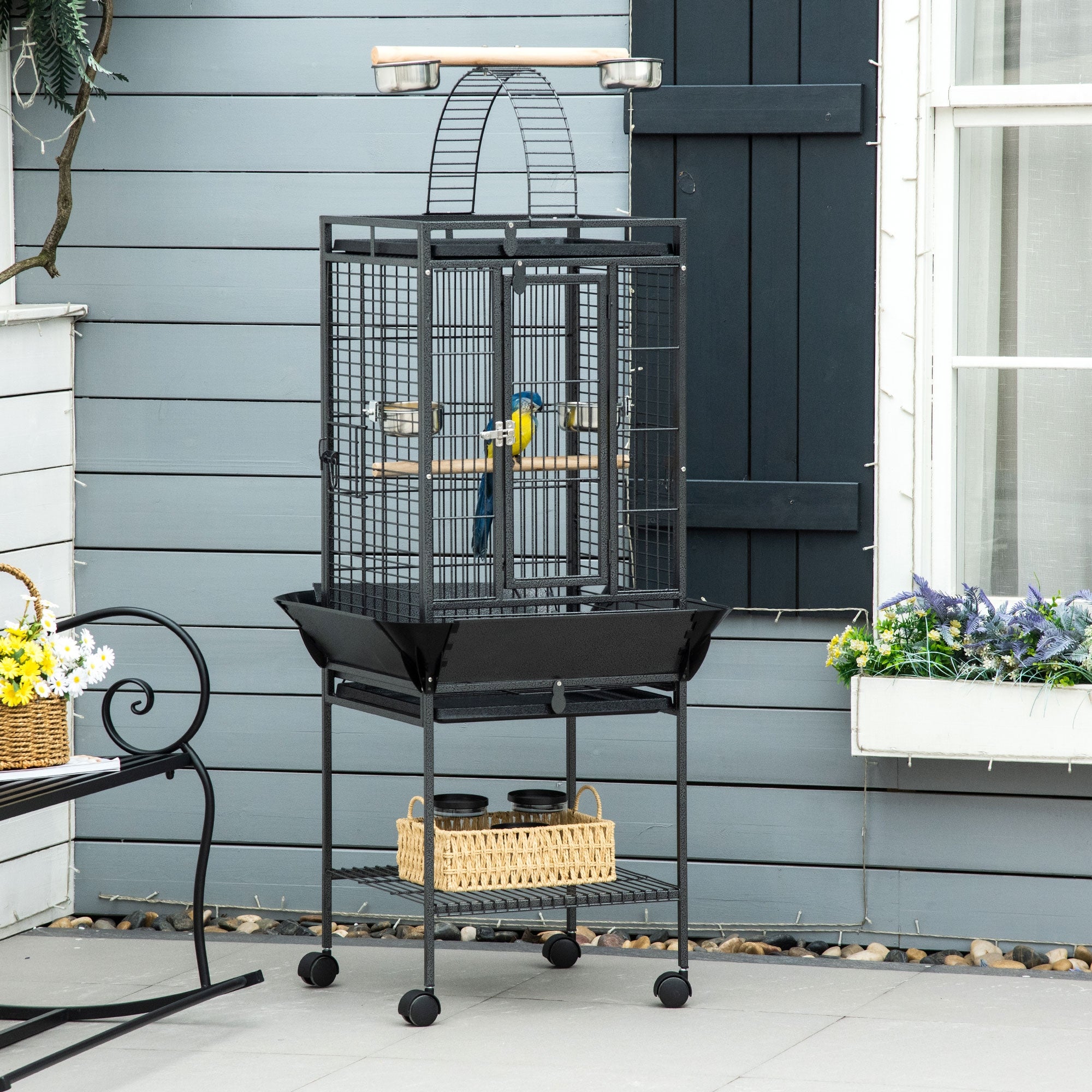 Bird Cage with Wheels, Perches, Feeders, Shelf, Arched Bridge, and Removable Trays Birdcage for Cockatoos, Budgies, Lovebirds, Parrots 62.5x62.5x156 cm Gray