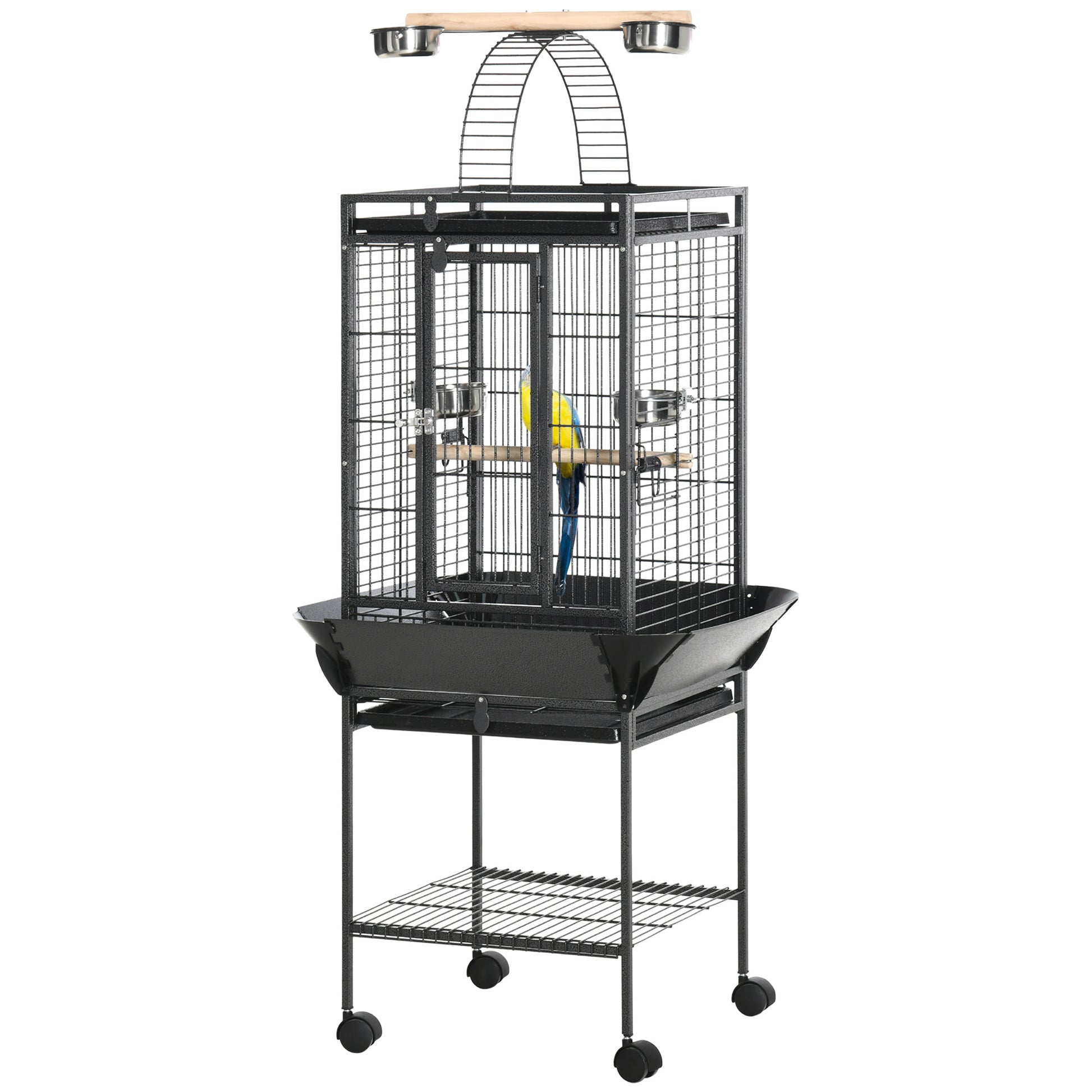 Bird Cage with Wheels, Perches, Feeders, Shelf, Arched Bridge, and Removable Trays Birdcage for Cockatoos, Budgies, Lovebirds, Parrots 62.5x62.5x156 cm Gray