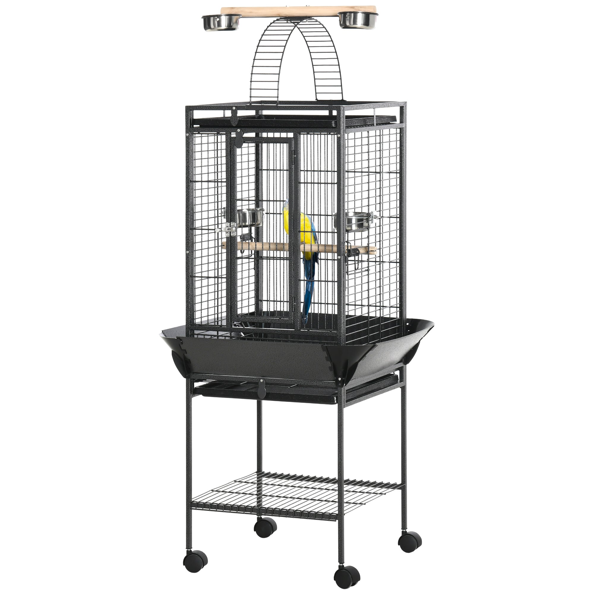 Bird Cage with Wheels, Perches, Feeders, Shelf, Arched Bridge, and Removable Trays Birdcage for Cockatoos, Budgies, Lovebirds, Parrots 62.5x62.5x156 cm Gray