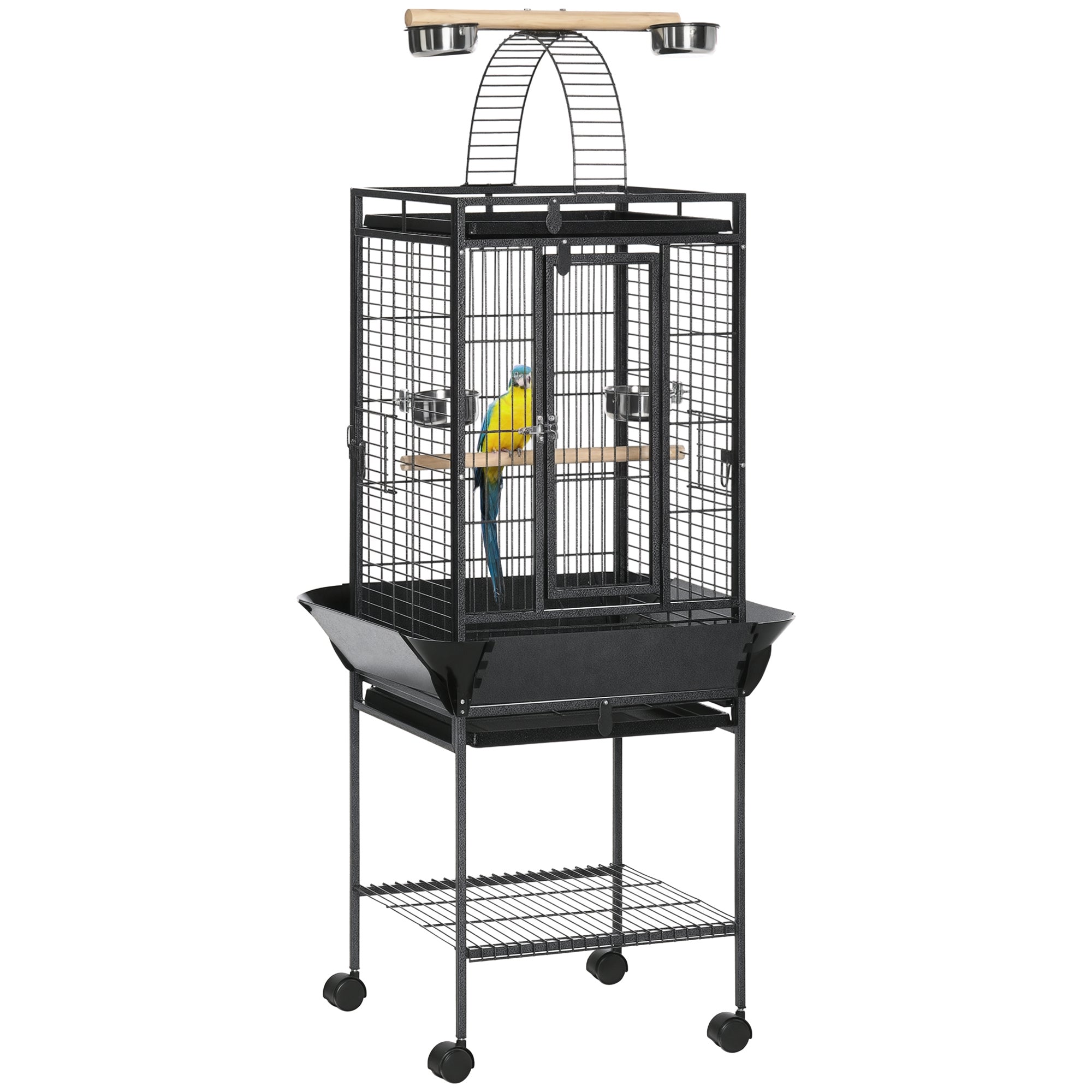 Bird Cage with Wheels, Perches, Feeders, Shelf, Arched Bridge, and Removable Trays Birdcage for Cockatoos, Budgies, Lovebirds, Parrots 62.5x62.5x156 cm Gray