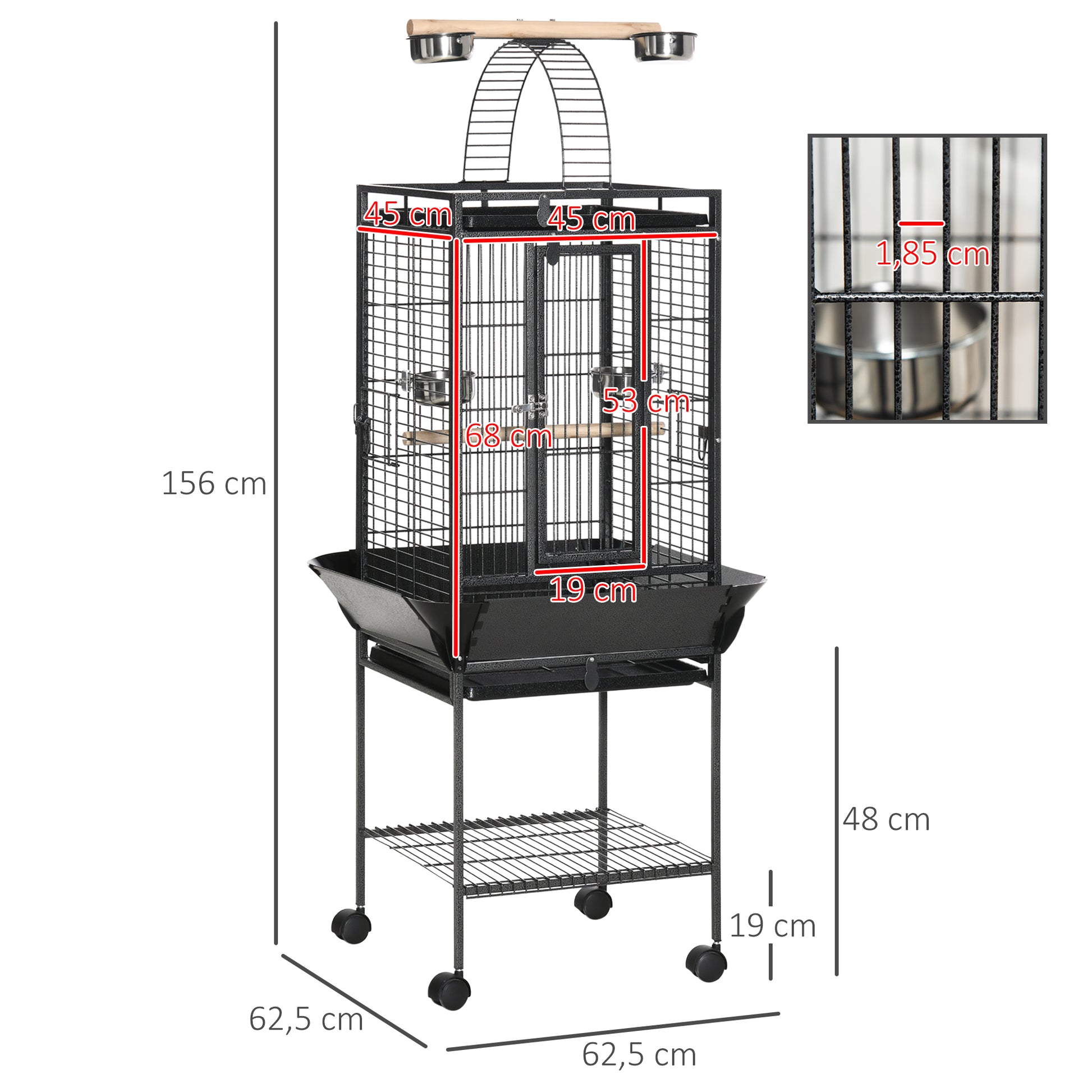 Bird Cage with Wheels, Perches, Feeders, Shelf, Arched Bridge, and Removable Trays Birdcage for Cockatoos, Budgies, Lovebirds, Parrots 62.5x62.5x156 cm Gray