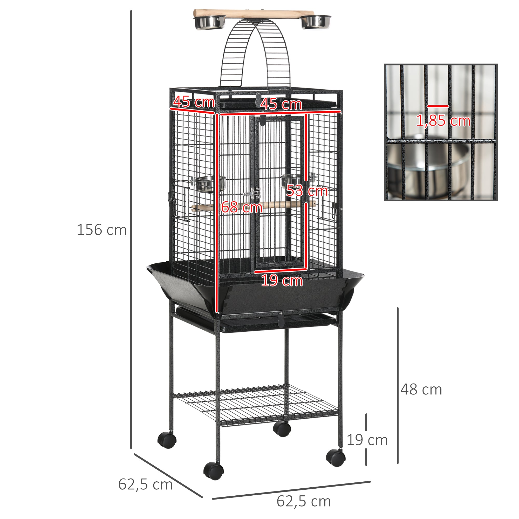 Bird Cage with Wheels, Perches, Feeders, Shelf, Arched Bridge, and Removable Trays Birdcage for Cockatoos, Budgies, Lovebirds, Parrots 62.5x62.5x156 cm Gray