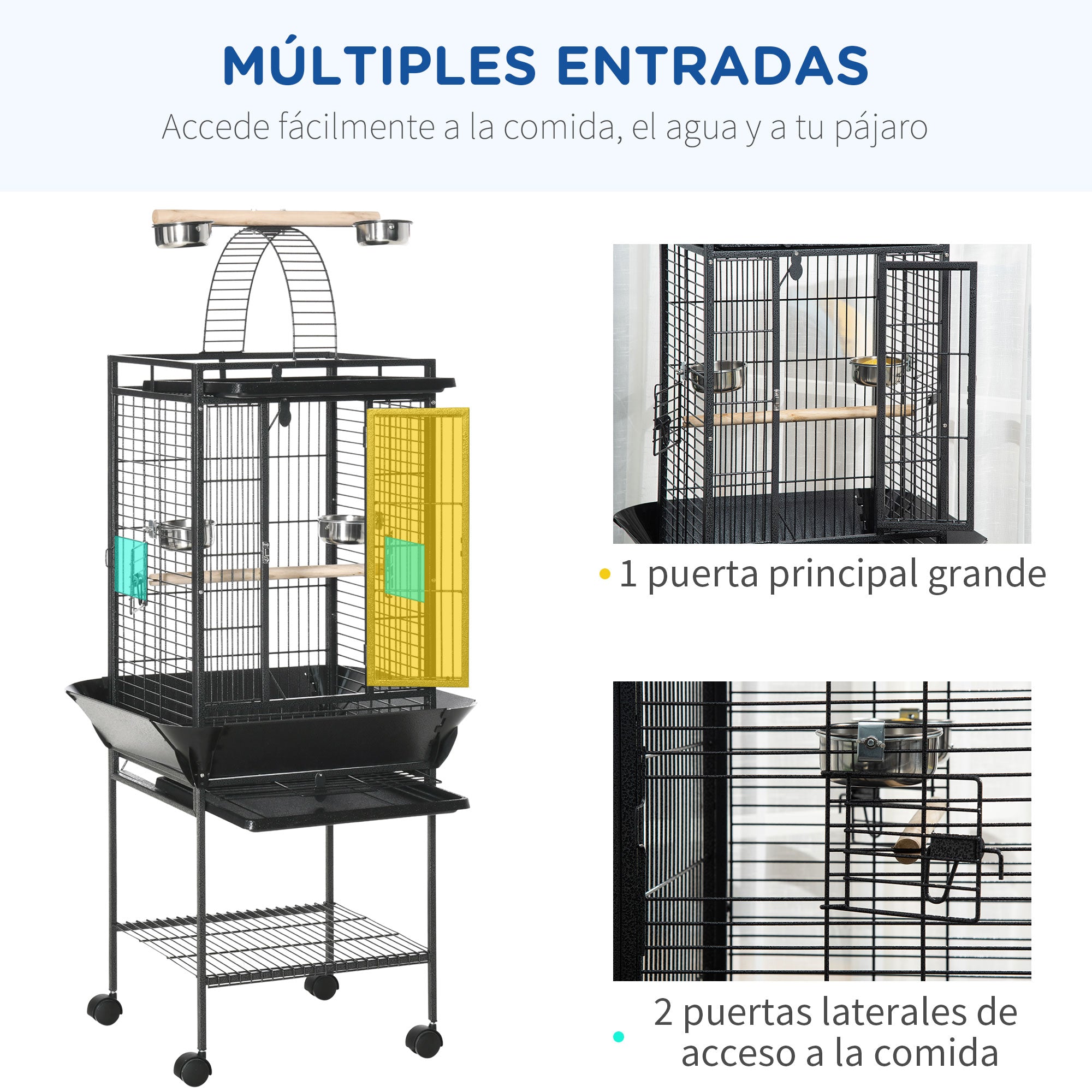 Bird Cage with Wheels, Perches, Feeders, Shelf, Arched Bridge, and Removable Trays Birdcage for Cockatoos, Budgies, Lovebirds, Parrots 62.5x62.5x156 cm Gray