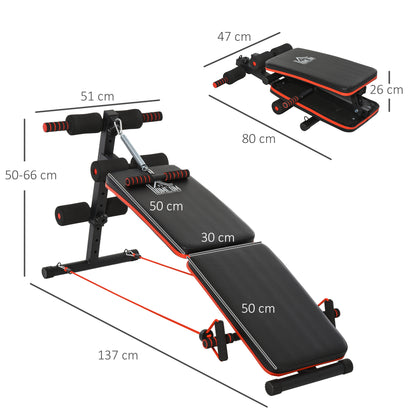 Sit Up Bench Abdominal Trainer with Training Ropes Workout Bench Multifunction Adjustable & Foldable 110 kg Capacity Steel Black+Red 137 x 51 x 50-66 cm
