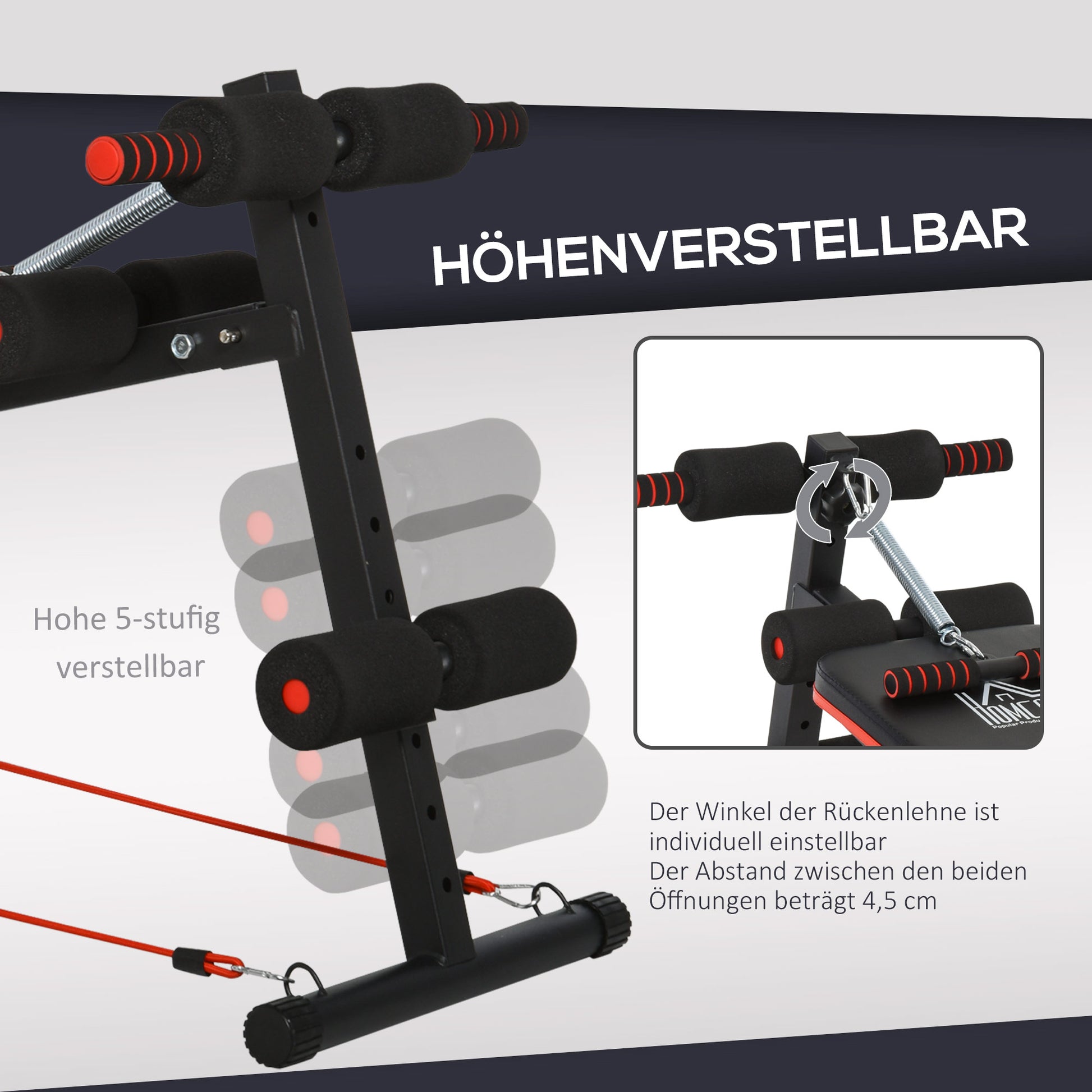 Sit Up Bench Abdominal Trainer with Training Ropes Workout Bench Multifunction Adjustable & Foldable 110 kg Capacity Steel Black+Red 137 x 51 x 50-66 cm