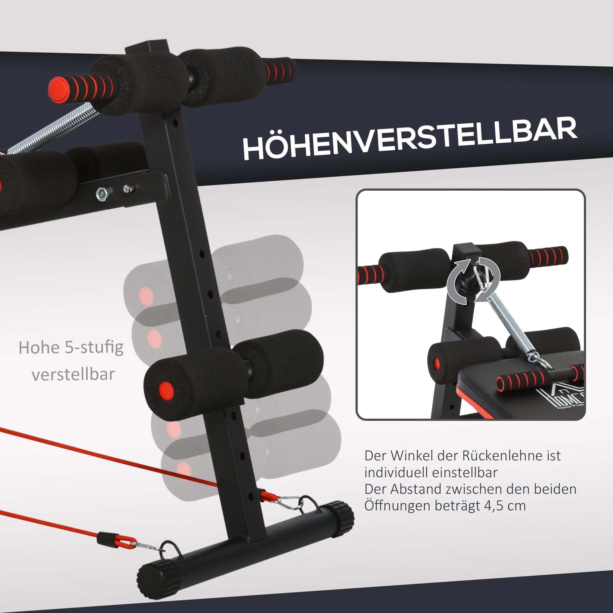 Sit Up Bench Abdominal Trainer with Training Ropes Workout Bench Multifunction Adjustable & Foldable 110 kg Capacity Steel Black+Red 137 x 51 x 50-66 cm